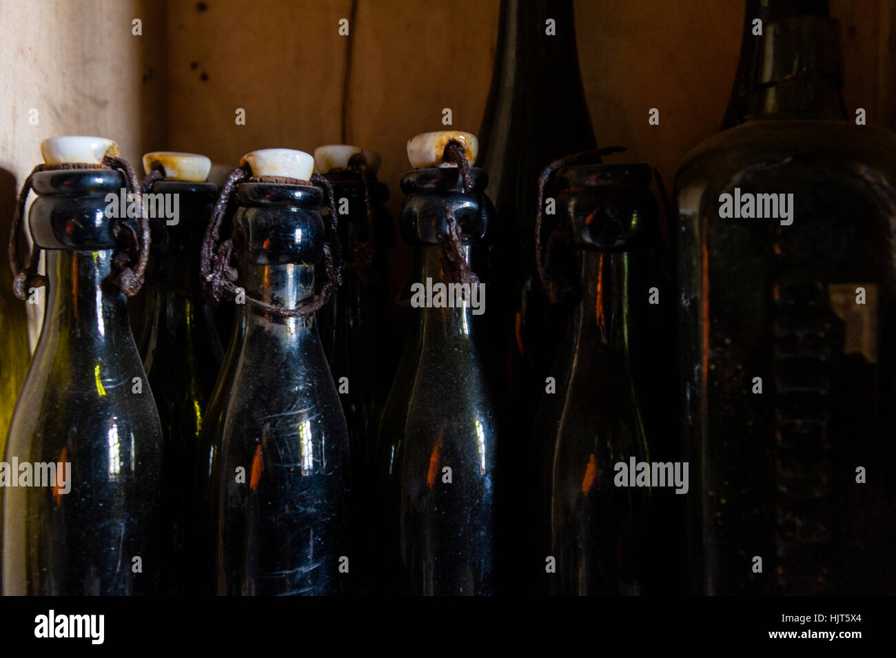 Bottles of vinegar in Antarctic explorer Ernest Shackleton's hut. Stock Photo