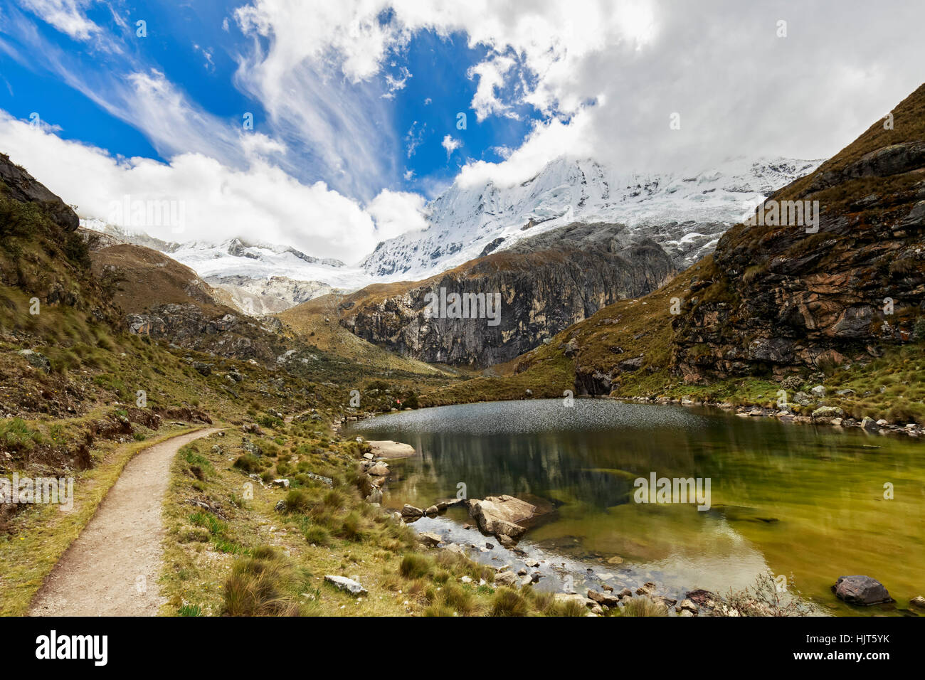 Peru, Andes, Cordillera Blanca, Huascaran National Park, Laguna Pequena and Nevado Chacraraju Stock Photo