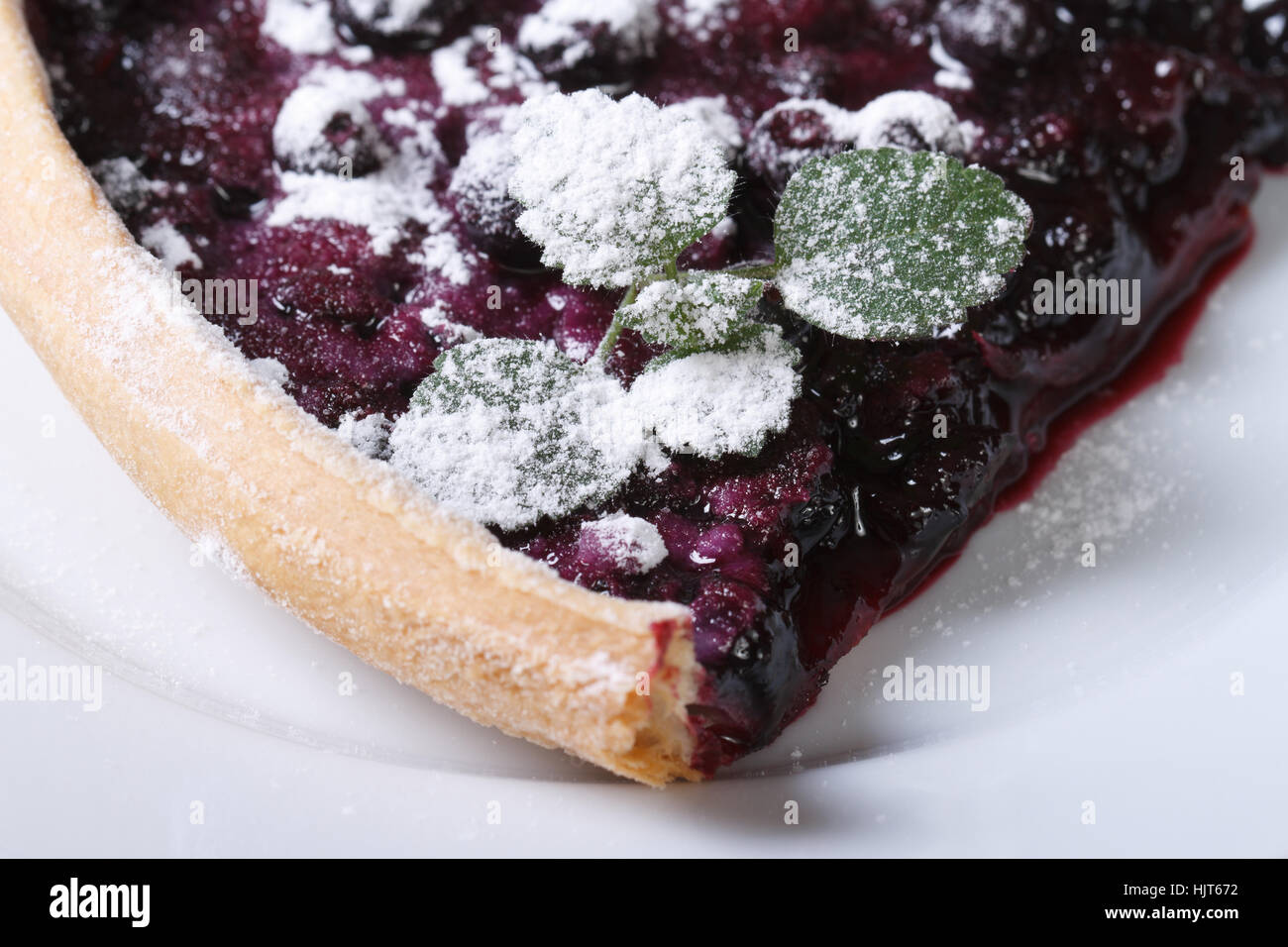 a piece of blueberry pie with mint and powdered sugar on a plate horizontal closeup Stock Photo