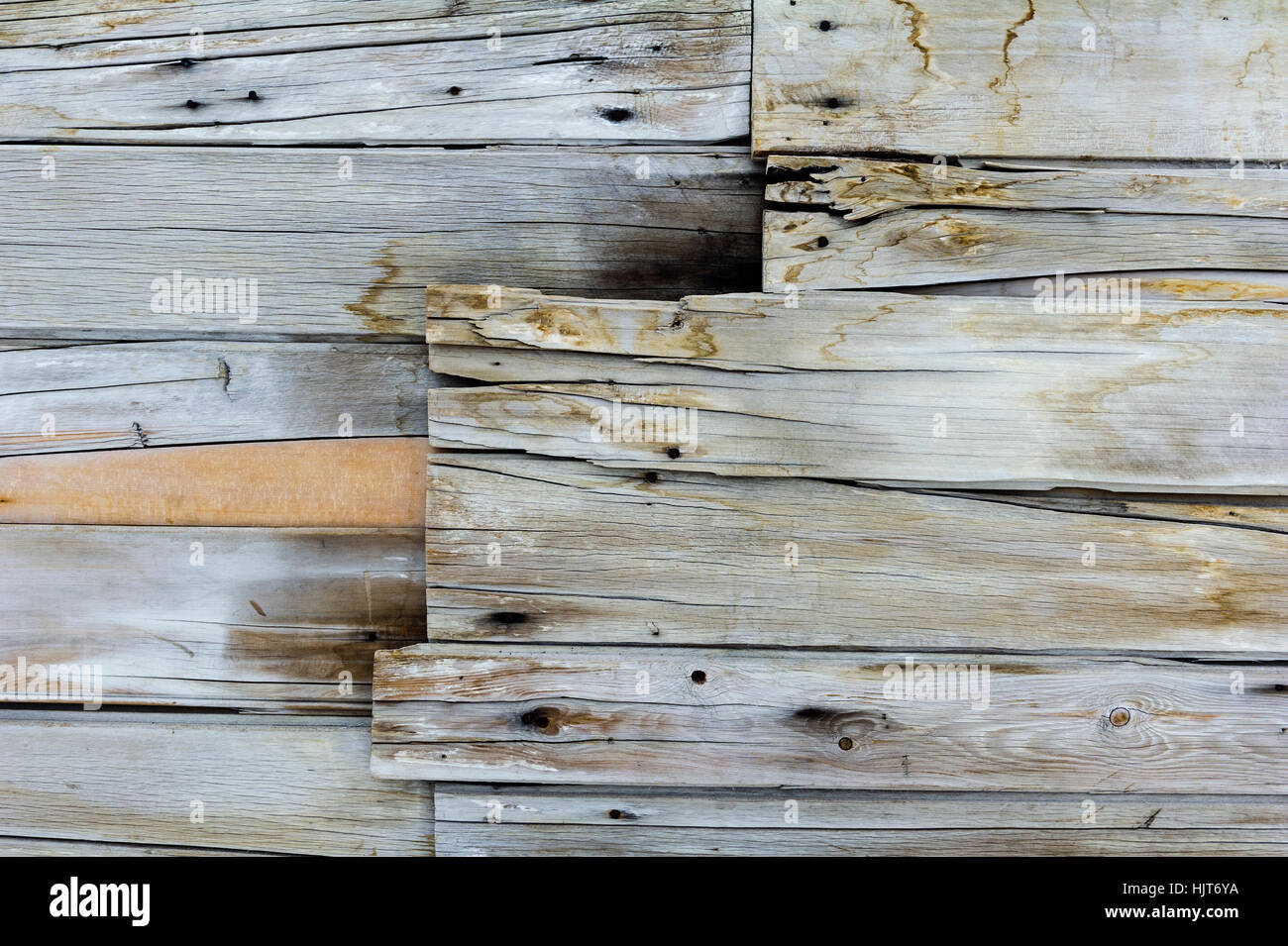 The textured weathered timber wall panels on the Antarctic explorer Robert Falcon Scott's hut. Stock Photo