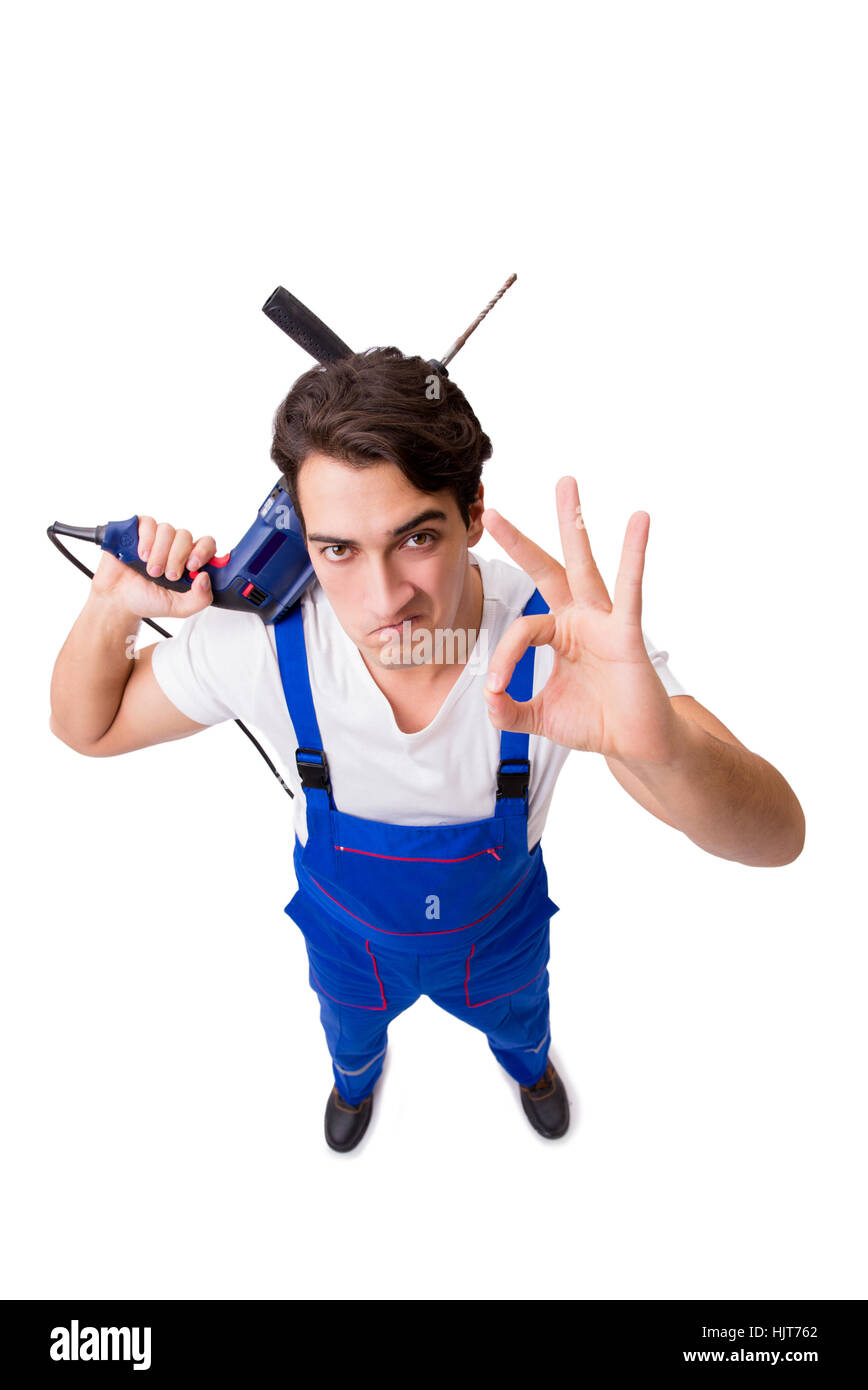 Funny repairman with drill isolated on white Stock Photo