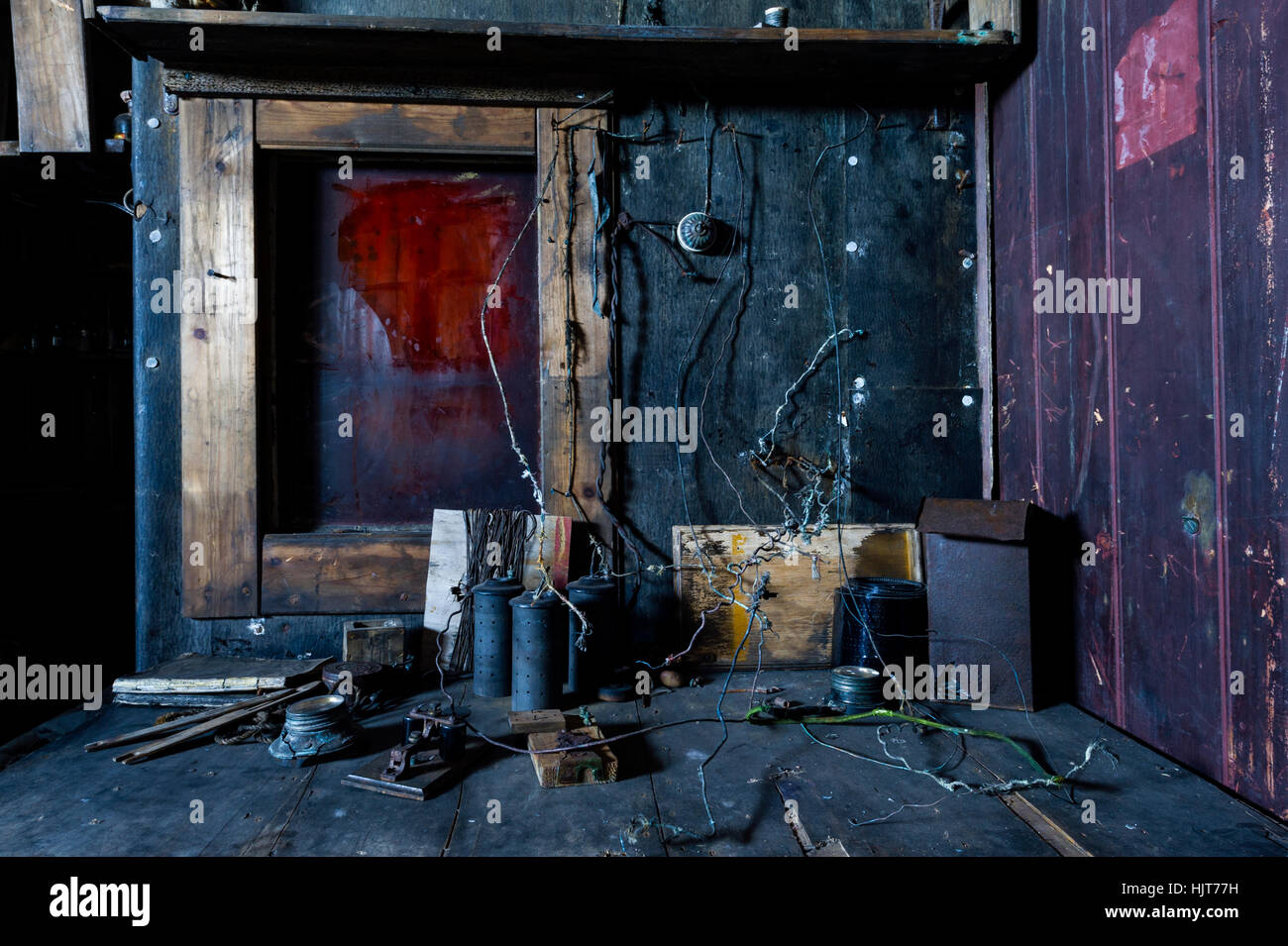 A radio and research station in Antarctic explorer Robert Falcon Scott's hut. Stock Photo