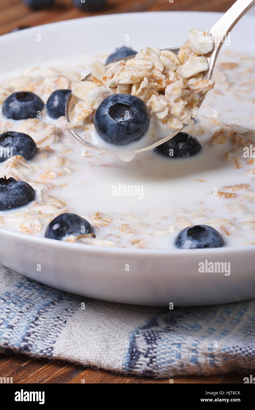 tasty breakfast of muesli with blueberries and milk close up vertical Stock Photo