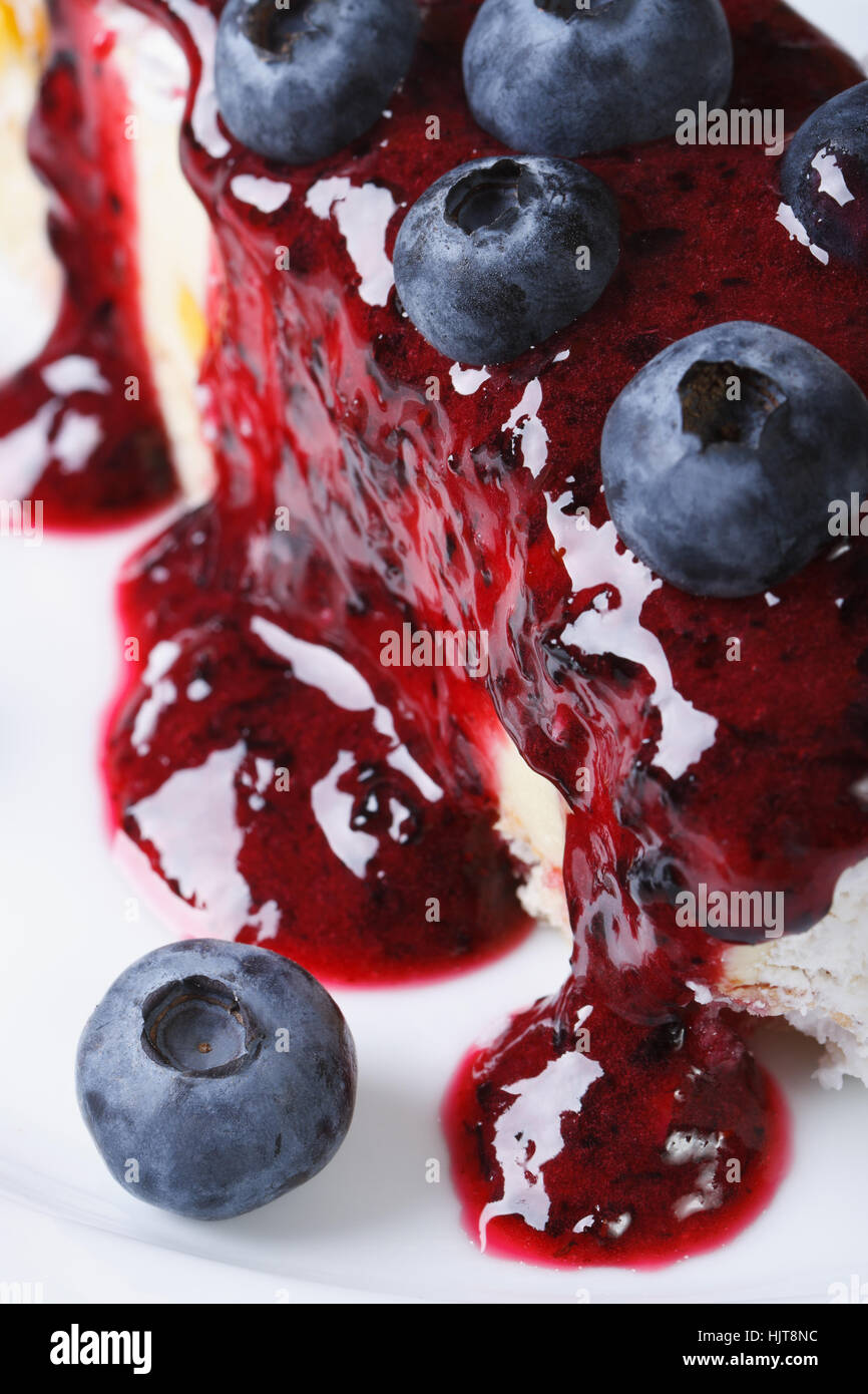 Cheesecake with blueberries and sauce on a white plate macro vertical Stock Photo