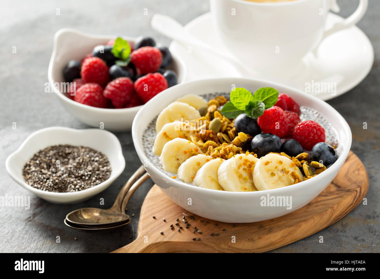 Vanilla chia pudding in a bowl with fresh fruit Stock Photo