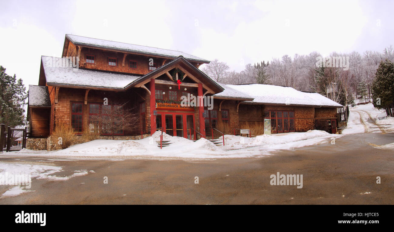 Blue Mountain Lake, New York, USA.January 19, 2017.  The entrance to The Adirondack Museum, a museum specalizing in the history and culture of The Adi Stock Photo
