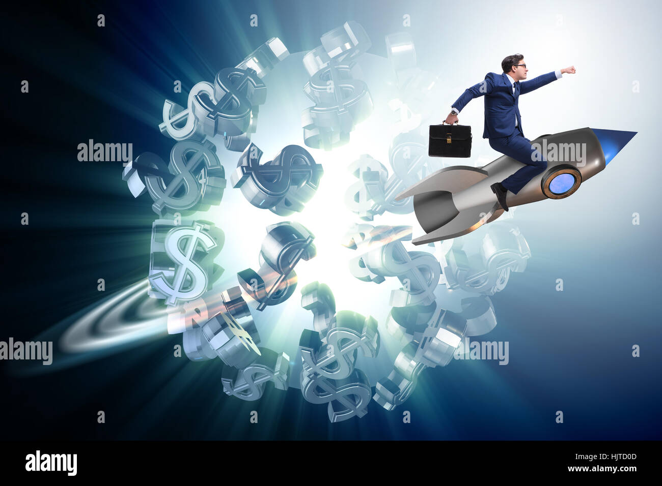 Businessman on rocket flying around dollar Stock Photo - Alamy