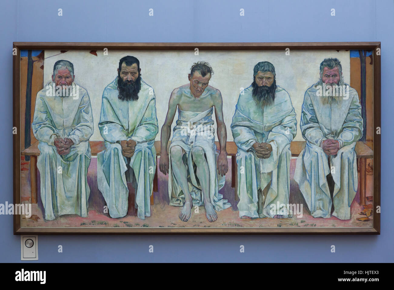 Painting Die Lebensmuden (Tired of Life, 1892) by Swiss symbolist painter Ferdinand Hodler on display in the Neue Pinakothek (New Pinacotheca) in Munich, Bavaria, Germany. Stock Photo