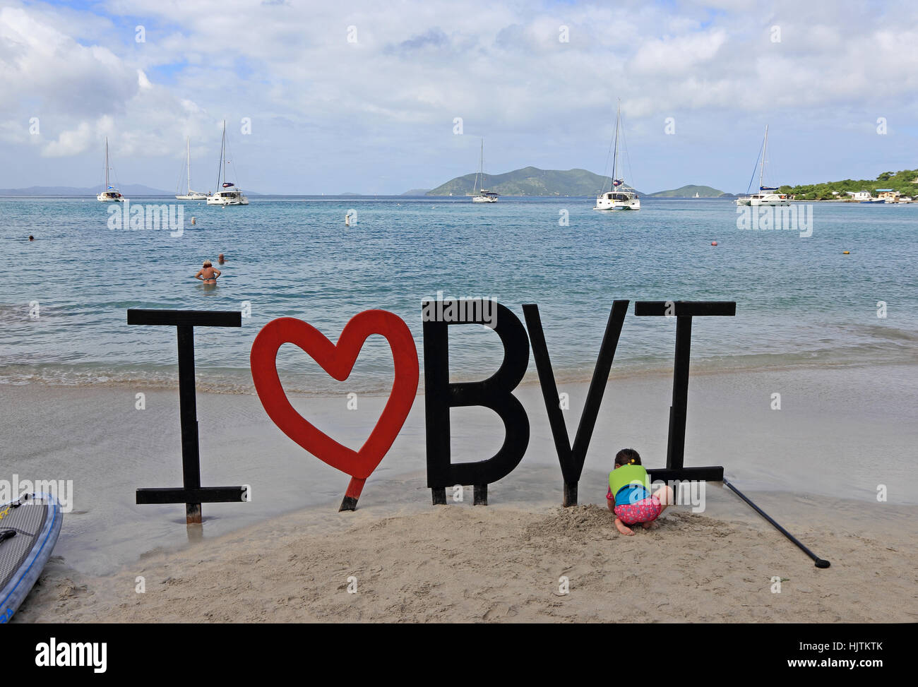 I love British Virgin Islands sign on beach, Cane Garden Bay, Tortola Stock Photo
