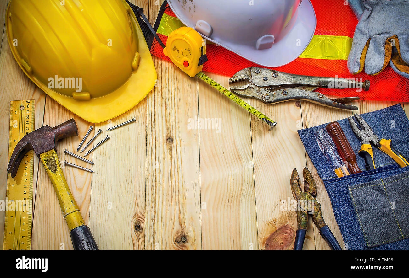 Construction tools on worker desk. Free space for text. Stock Photo