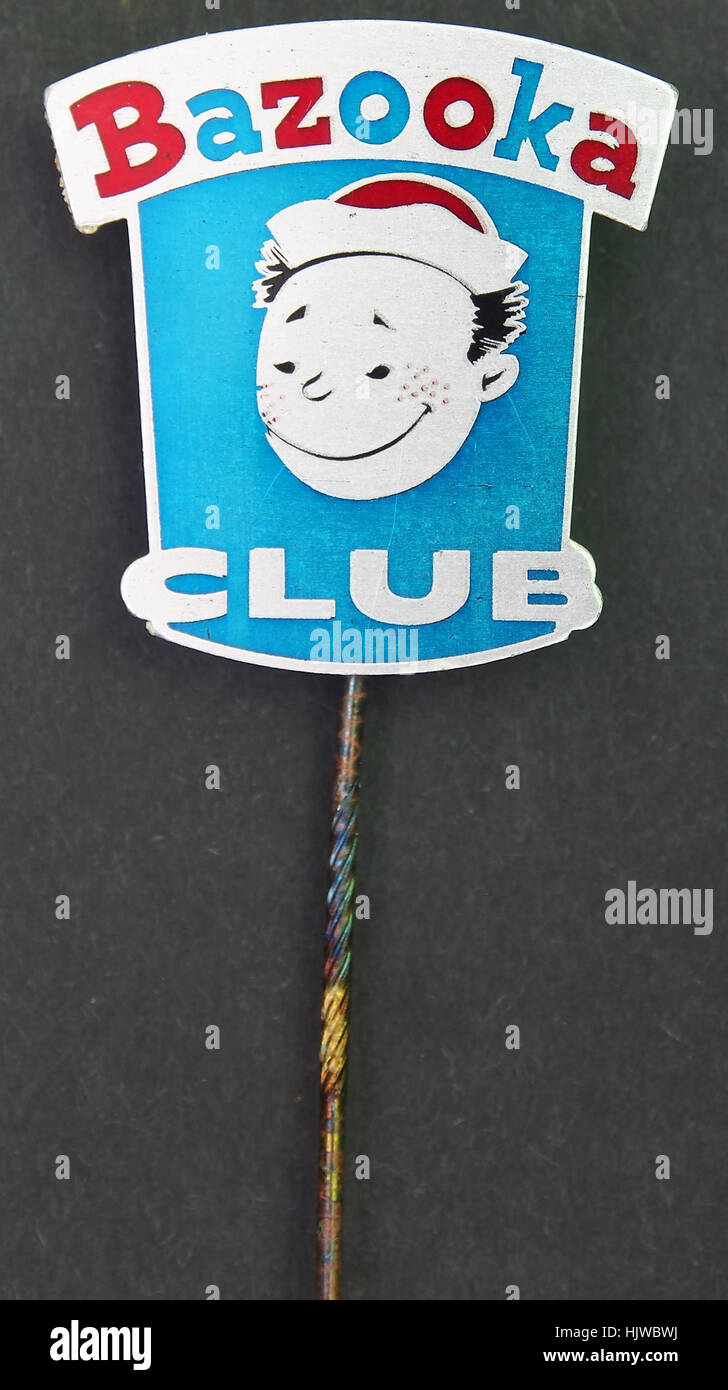 Bazooka Club advertising pin, promotional collectible item Stock Photo