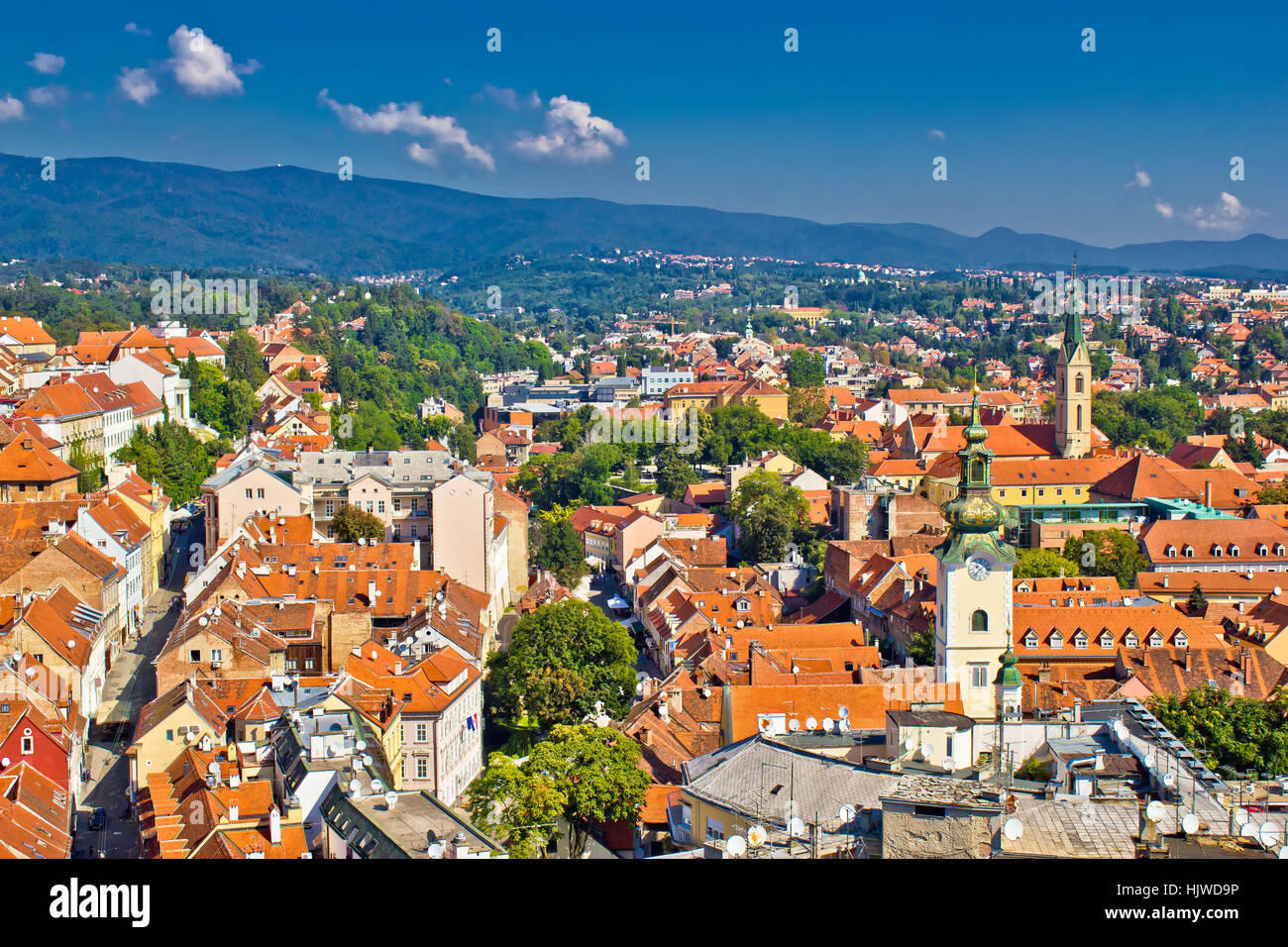 Zagreb, Capital of Croatia aerial view - colorful rooftops and church towers Stock Photo