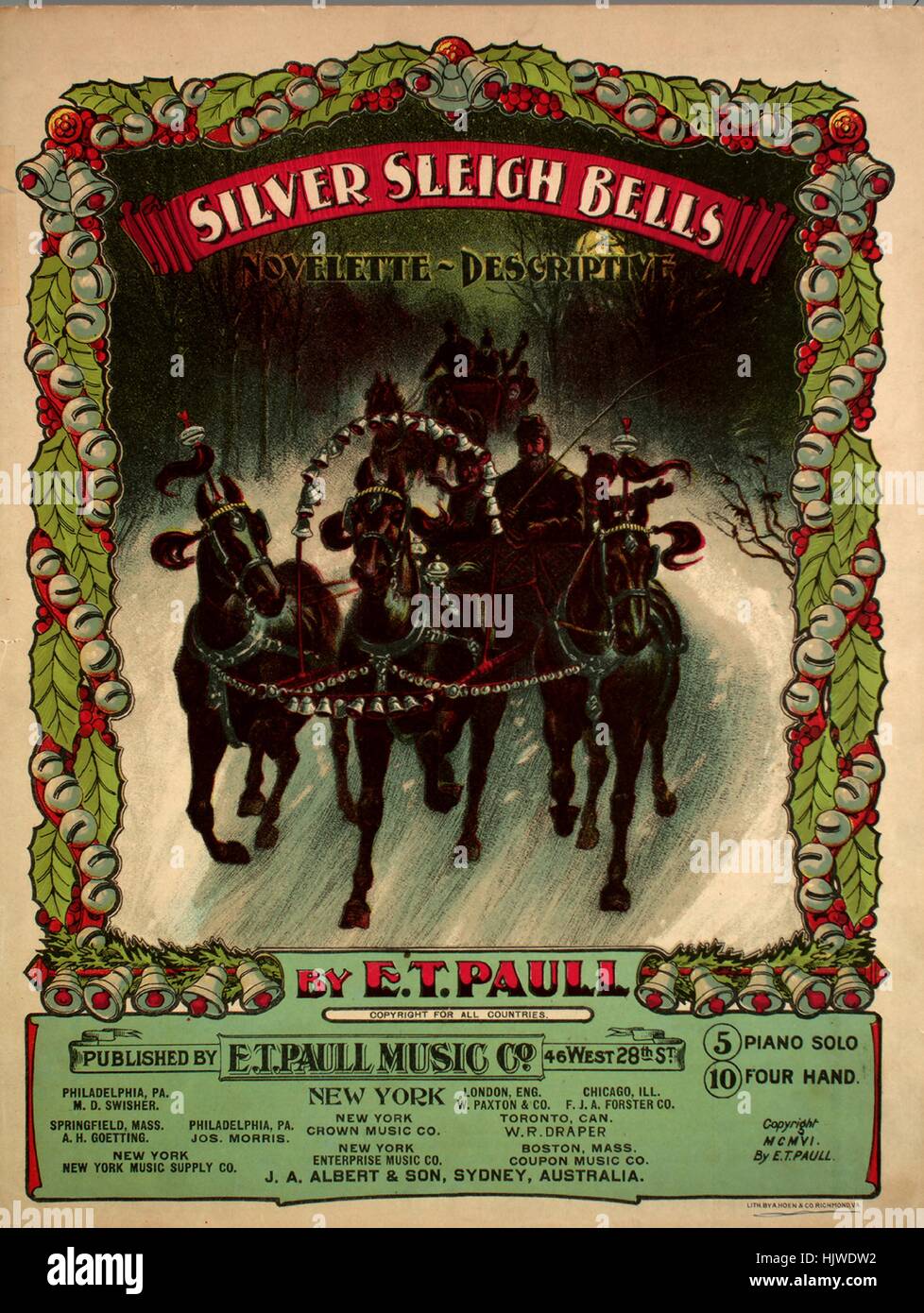 Sheet music cover image of the song 'Silver Sleigh Bells Novelette-Descriptive [inside front cover contains description of piece]', with original authorship notes reading 'By ET Paull', United States, 1906. The publisher is listed as 'E.T. Paull Music Co., 46 West 28th St.', the form of composition is 'da capo with trio, with programmatic captions (e.g., Passing the Church Chimes, Continuation of Sleigh Ride, Warning! Railroad Crossing).', the instrumentation is 'piano', the first line reads 'None', and the illustration artist is listed as 'Lith. by A. Hoen and co. Richmond, VA'. Stock Photo