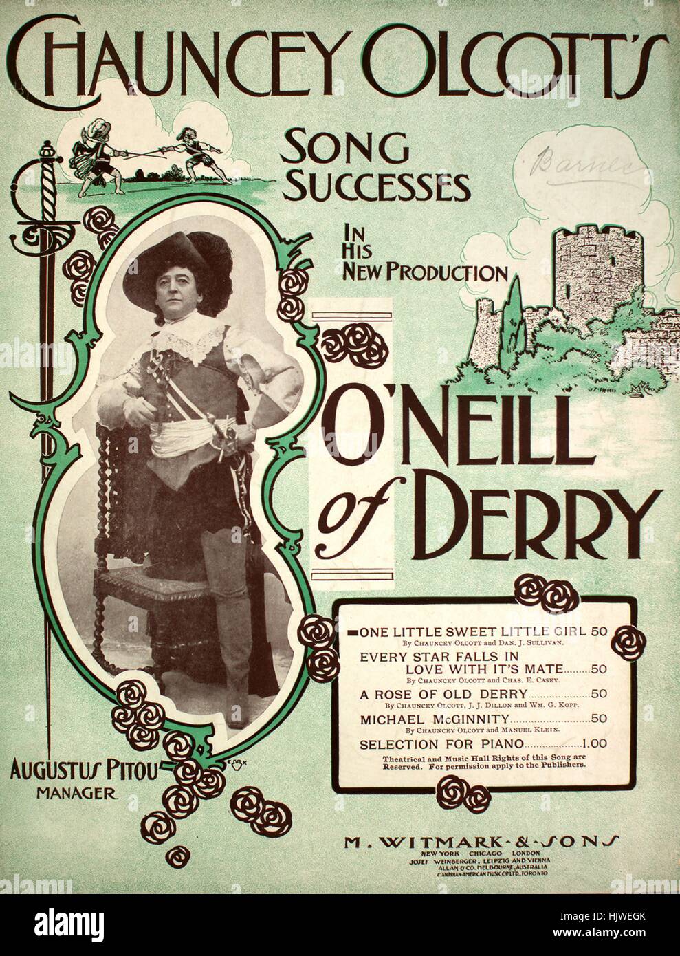 Sheet music cover image of the song 'One Little Sweet Little Girl', with original authorship notes reading 'By Chauncey Olcott and Dan J Sullivan', United States, 1907. The publisher is listed as 'M. Witmark and Sons', the form of composition is 'strophic with chorus', the instrumentation is 'piano and voice', the first line reads 'I know a sweet little lady, who does not live far from here', and the illustration artist is listed as 'unattrib. photo of Olcott (in costume); E[dgar] K[eller]'. Stock Photo