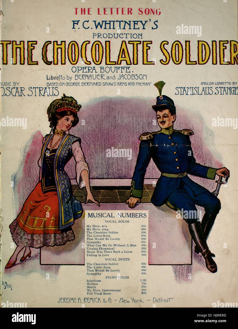 Sheet music cover image of the song 'Letter Song', with original authorship notes reading 'Music by Oscar Straus English Words by Stanislaus Stange', United States, 1908. The publisher is listed as 'Jerome H. Remick', the form of composition is 'strophic with chorus', the instrumentation is 'piano and voice', the first line reads 'My dear Sir, Mister Bumerh, most hateful you are now to me', and the illustration artist is listed as 'De Takals'. Stock Photo