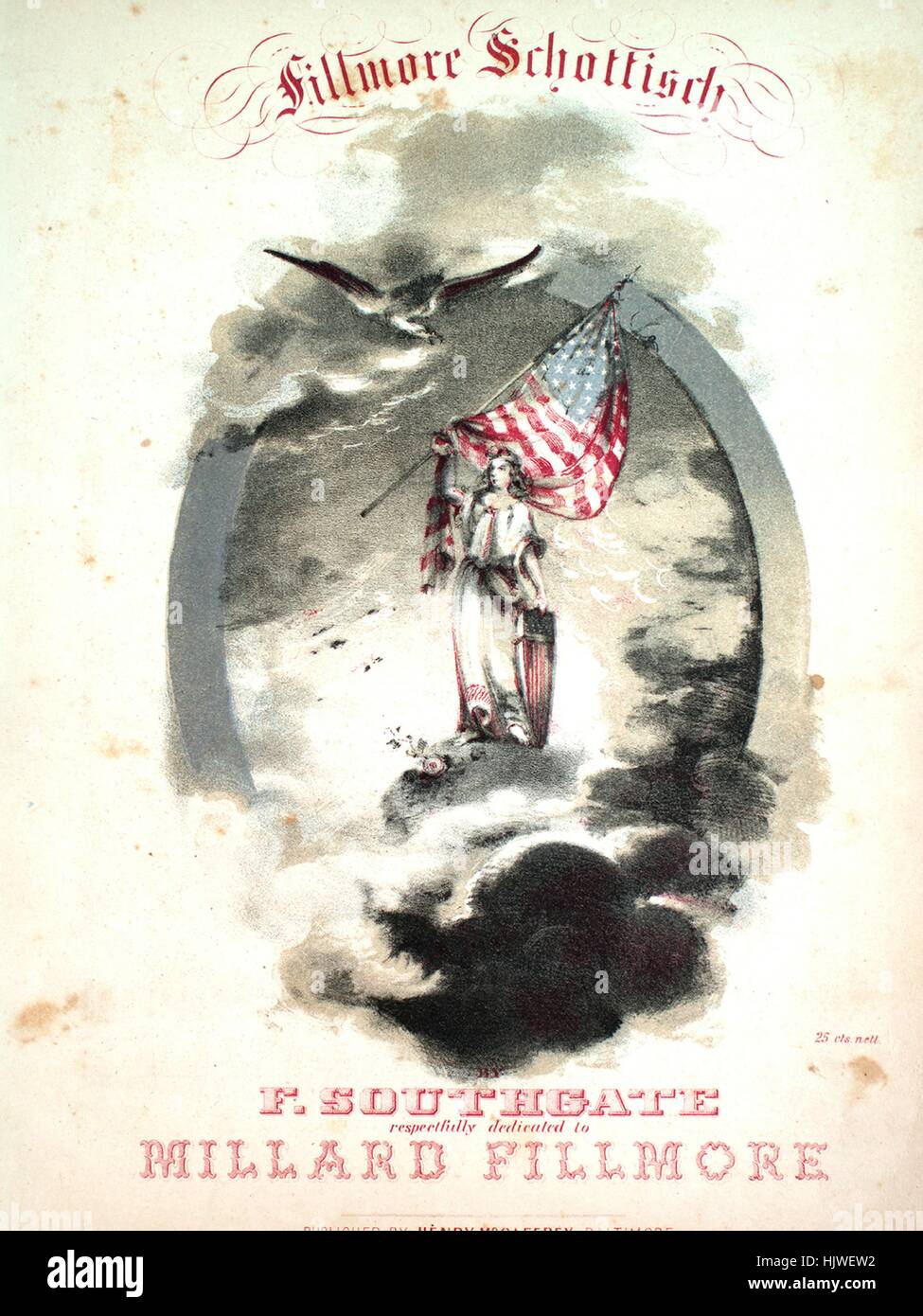 Sheet music cover image of the song 'Fillmore Schottisch', with original authorship notes reading 'F Southgate', United States, 1856. The publisher is listed as 'Henry McCaffrey', the form of composition is 'da capo', the instrumentation is 'piano', the first line reads 'None', and the illustration artist is listed as 'Webb'. Stock Photo