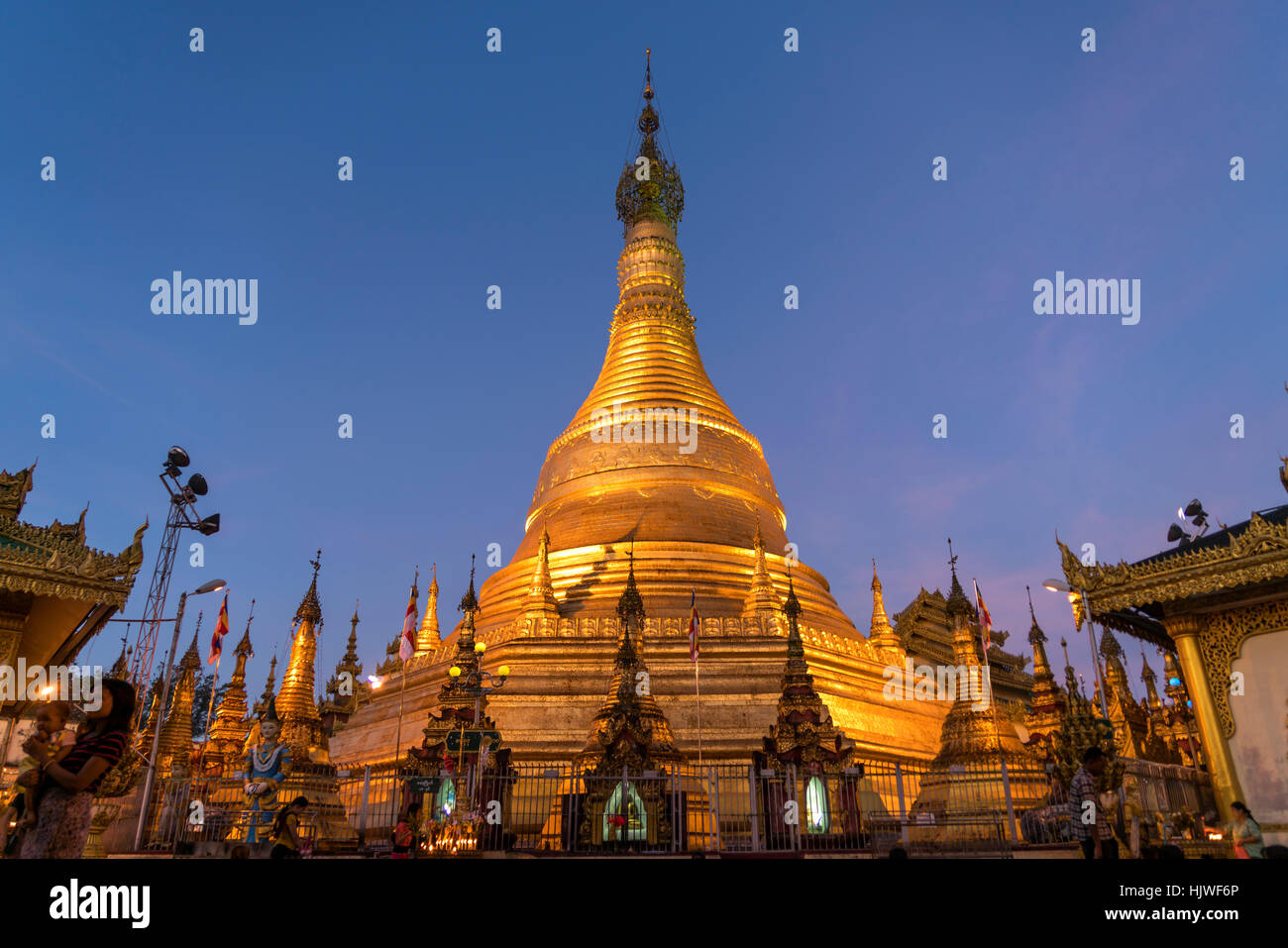 Golden Stupa at dusk, Buddhist pagoda Shwemokhtaw, Pathein, Myanmar Stock Photo