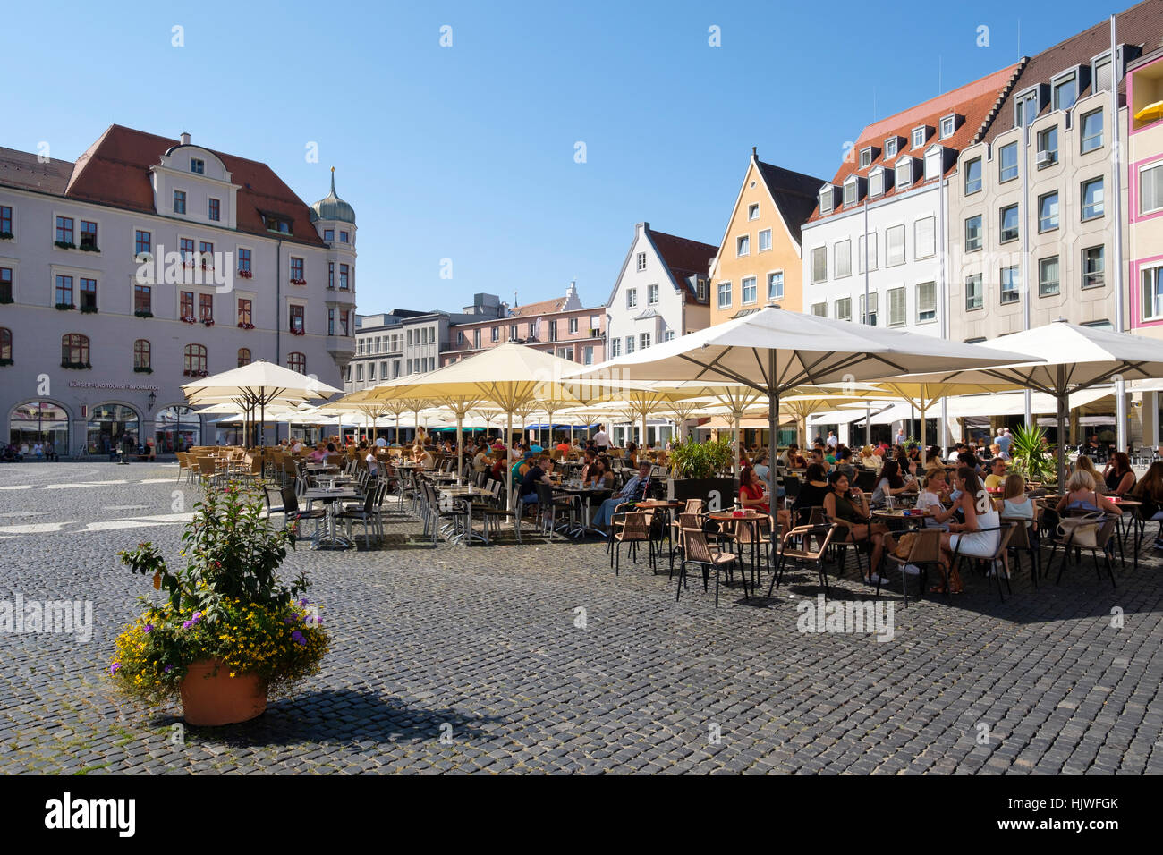Cafés at Rathausplatz, town square, Augsburg, Swabia, Bavaria, Germany Stock Photo