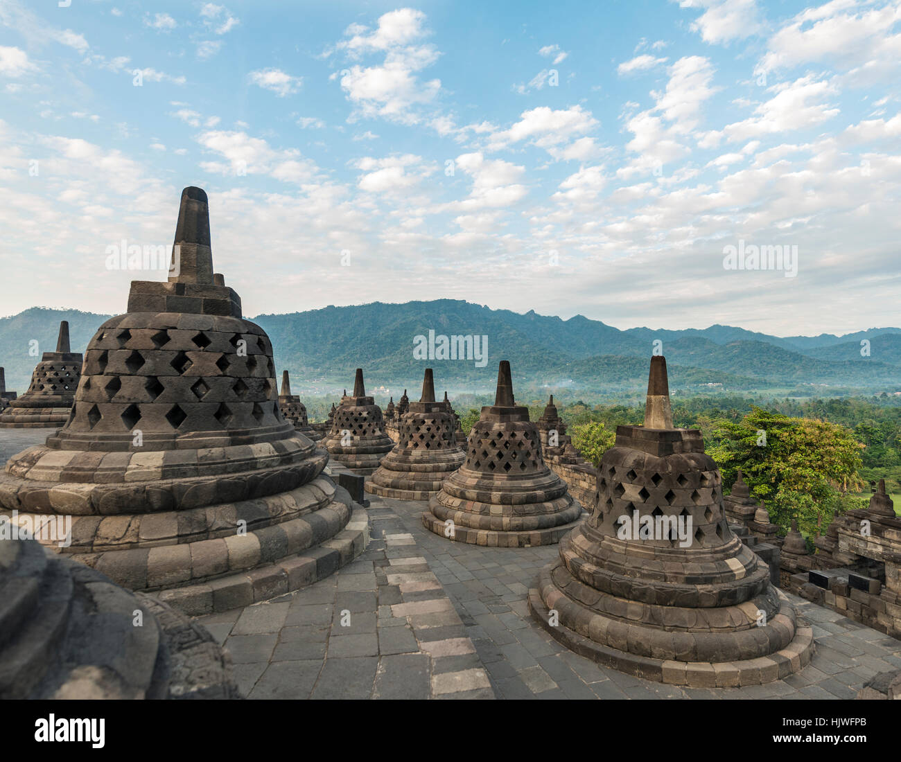 Borobudur Temple Complex, cloudy sky, stupas, Borobudur, Yogyakarta, Java, Indonesia Stock Photo