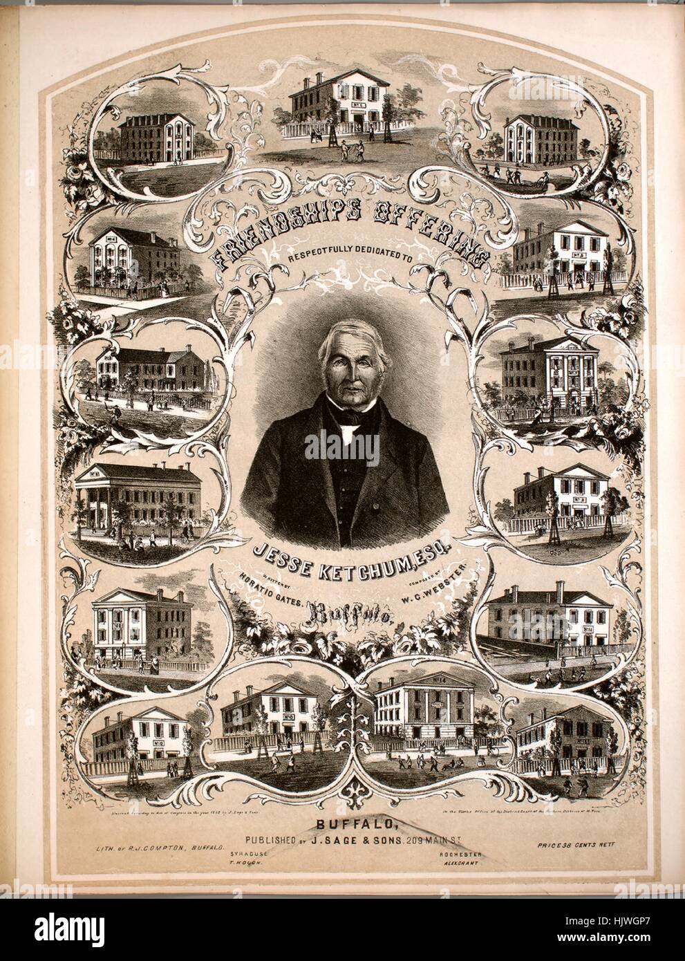 Sheet music cover image of the song 'Friendship's Offering', with original authorship notes reading 'Written by Horatio Gates Composed by WC Webster', 1852. The publisher is listed as 'J. Sage and Sons, 209 Main St.', the form of composition is 'strophic with chorus', the instrumentation is 'piano and voice', the first line reads 'Come good old friend and take a stand within this living ring', and the illustration artist is listed as 'Lith. of R.J. Compton, Buffalo'. Stock Photo