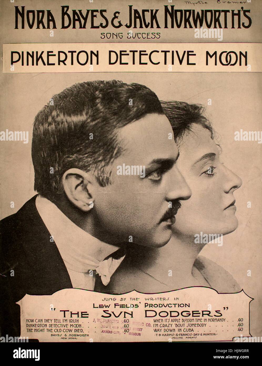 Sheet music cover image of the song 'Pinkerton Detective Moon', with original authorship notes reading 'Written and Composed by Nora Bayes and Jack Norworth', United States, 1912. The publisher is listed as 'T.B. Harms', the form of composition is 'strophic with chorus', the instrumentation is 'piano and voice', the first line reads 'When you're spooning late at night and Mister moon is shining bright above', and the illustration artist is listed as 'unattrib. photo of Bayes and Norworth'. Stock Photo