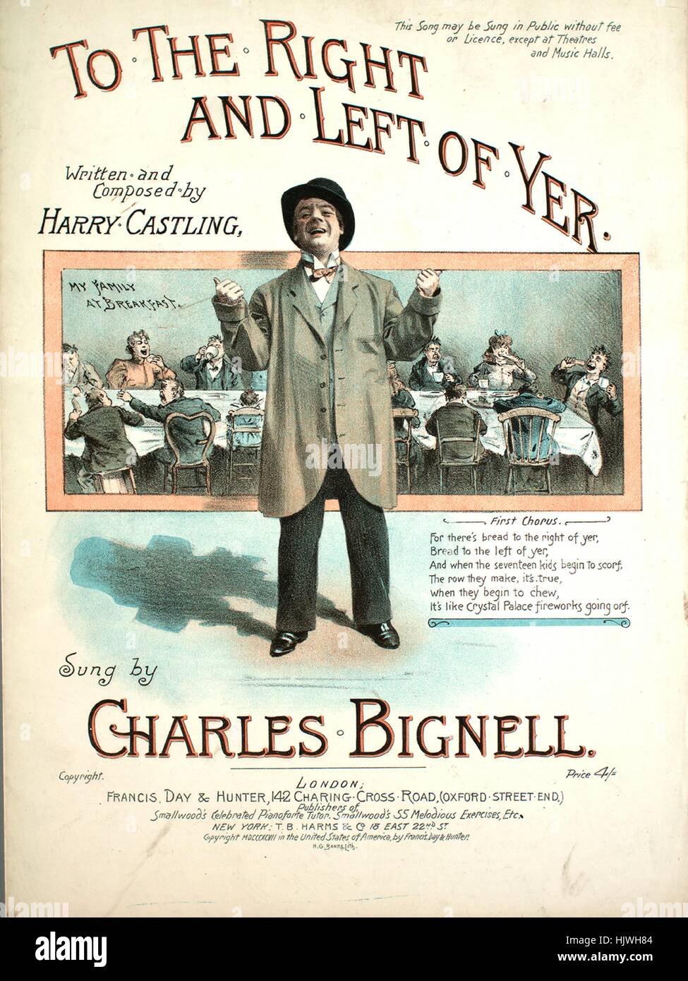 Sheet music cover image of the song 'To the Right and Left of Yer', with original authorship notes reading 'Written and Composed by Harry Castling', United Kingdom, 1897. The publisher is listed as 'Francis, Day and Hunter, 142 Charing Cross Road (Oxford Street End)', the form of composition is 'strophic with chorus', the instrumentation is 'piano and voice', the first line reads 'When a man has been married for seventeen years, And his wages are one pound one', and the illustration artist is listed as 'H.G. Banks, Lith.; Henderson and Spalding Printers, London W.'. Stock Photo
