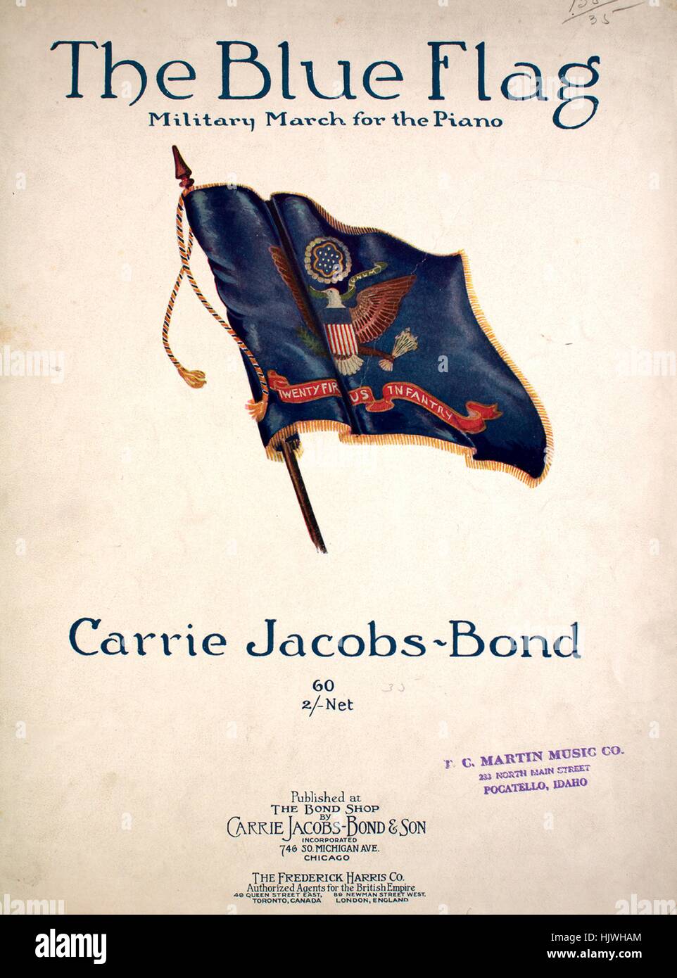Sheet music cover image of the song 'The Blue Flag Military March for the Piano', with original authorship notes reading 'Carrie Jacobs-Bond', United States, 1917. The publisher is listed as 'The Bond Shop, 746 So. Michigan Ave.', the form of composition is 'da capo with trio; with some text', the instrumentation is 'piano and voice', the first line reads 'Just a-wearyin' for you, all the time a-feelin' blue', and the illustration artist is listed as 'Press of Rayner, Dalheim and Co., Chicago'. Stock Photo