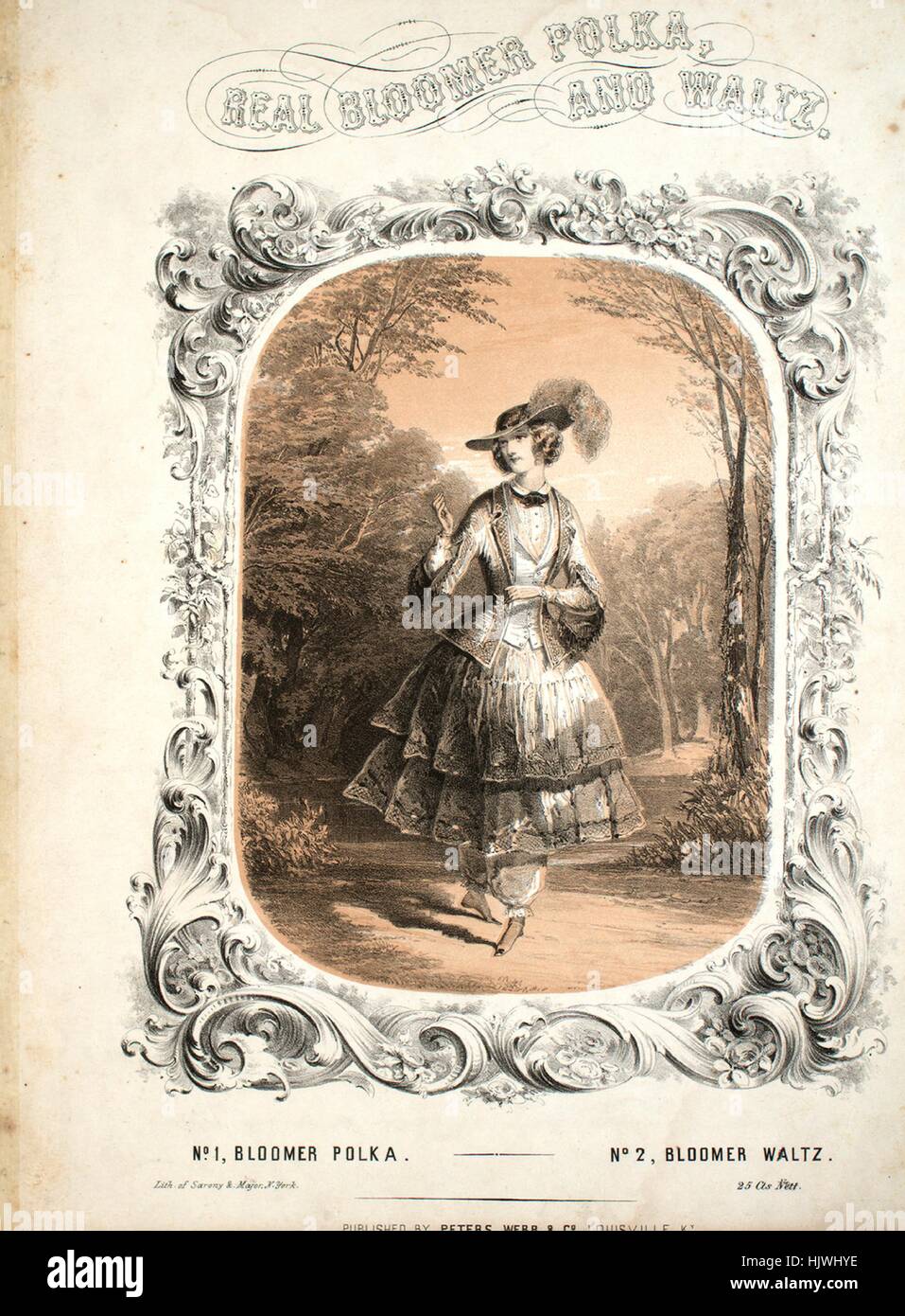 Sheet music cover image of the song 'Real Bloomer Polka', with original authorship notes reading 'Arranged by Paul Schmidt', 1852. The publisher is listed as 'Peters, Webb and Co.', the form of composition is 'sectional', the instrumentation is 'piano', the first line reads 'None', and the illustration artist is listed as 'Lith. of Sarony and Major, N.York; J. Slinglandt Engr. and Pr.'. Stock Photo
