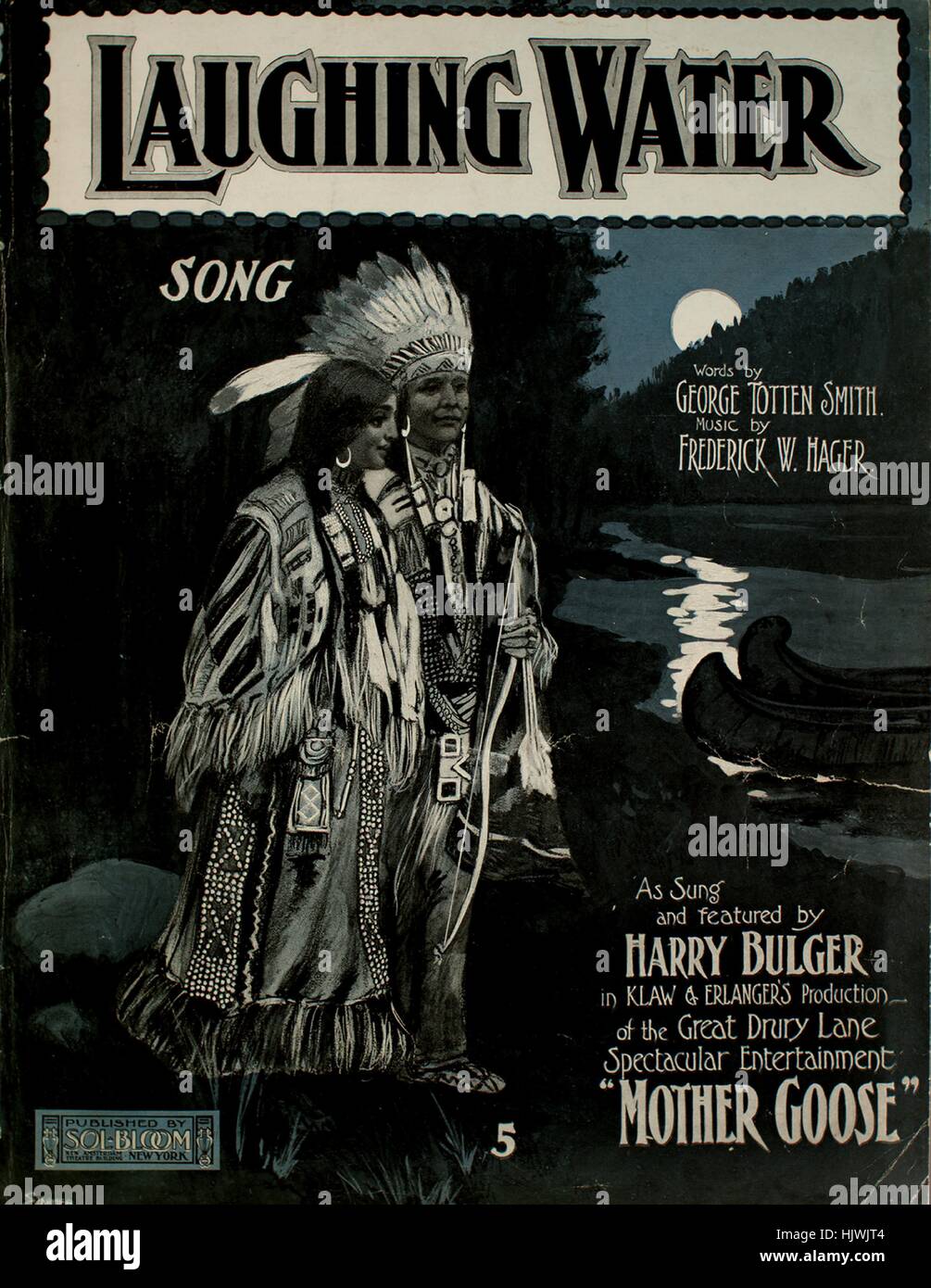 Sheet music cover image of the song 'Laughing Water Song', with original authorship notes reading 'Words by George Totten Smith Music by Frederick W Hager', United States, 1903. The publisher is listed as 'Sol Bloom, New Amsterdam Theatre Building', the form of composition is 'strophic with chorus', the instrumentation is 'piano and voice', the first line reads 'Beyond the hill, there's a rill, never still', and the illustration artist is listed as 'Stamer; Sol Bloom, Print'. Stock Photo