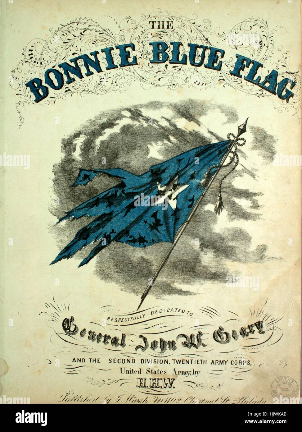 Sheet music cover image of the song 'The Bonnie Blue Flag', with original  authorship notes reading 'HHW', United States, 1864. The publisher is  listed as 'J. Marsh, No. 1102 Chestnut St.', the