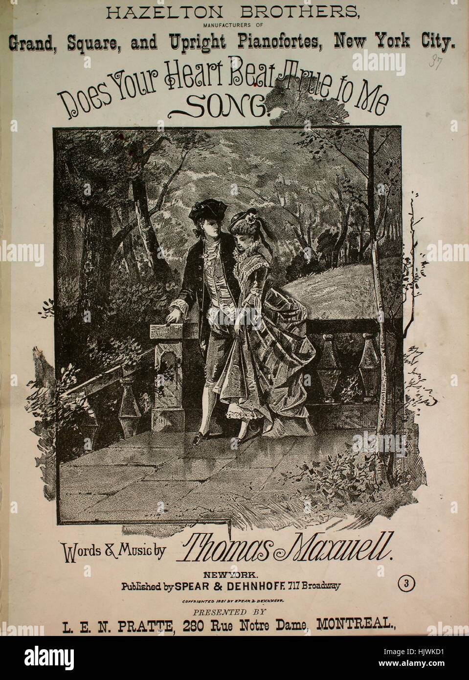 Sheet music cover image of the song 'Does Your Heart Beat True to Me Song', with original authorship notes reading 'Words and Music by Thomas Maxwell', United States, 1881. The publisher is listed as 'Spear and Dehnhoff, 717 Broadway', the form of composition is 'strophic with chorus', the instrumentation is 'piano and voice', the first line reads 'Does your heart beat true to me, my love', and the illustration artist is listed as 'None'. Stock Photo