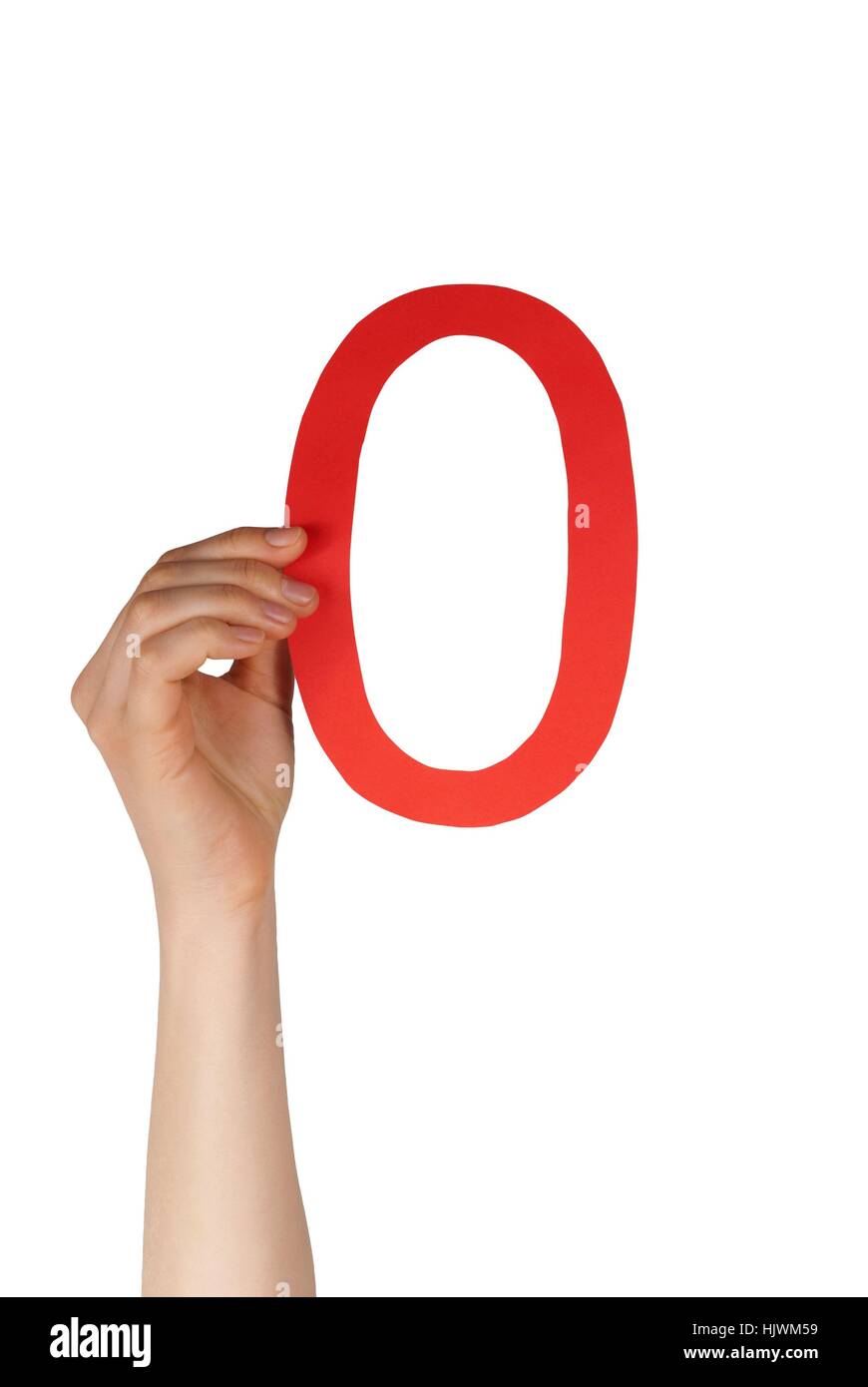 hand holding up a red number null, isolated Stock Photo - Alamy