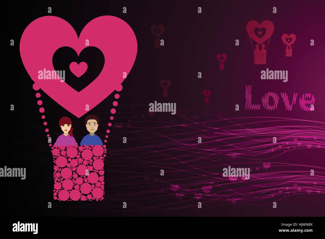couple in a balloon. pink background. Valentine s Day. Glowing lines ...