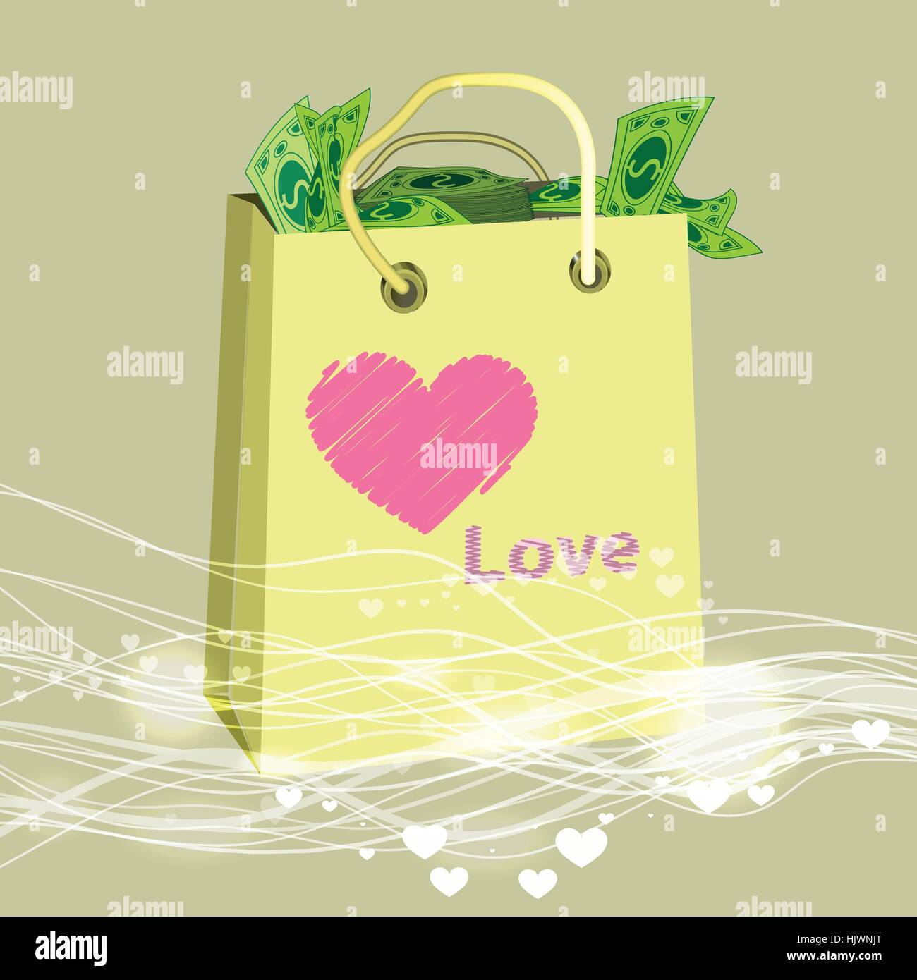 shopping bag full of money up to the top. Valentine s Day. Illustration. Use for Website, phone, computer, printing, fabric, decoration design etc Stock Vector