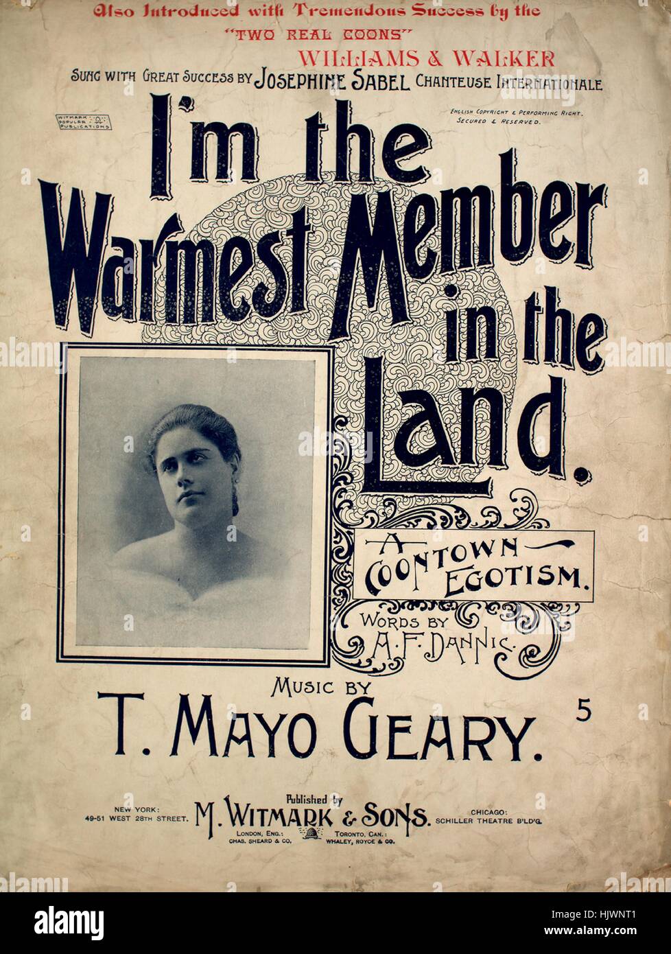 Sheet music cover image of the song 'Im the Warmest Member in the Land A Coontown Egotism', with original authorship notes reading 'Words by AF Dannic Music by T Mayo Geary', United States, 1897. The publisher is listed as 'M. Witmark and Sons', the form of composition is 'strophic with chorus', the instrumentation is 'piano and voice', the first line reads 'Well of all the coons you've heard about there's no other one like me', and the illustration artist is listed as 'unattrib. photo of Sabel'. Stock Photo