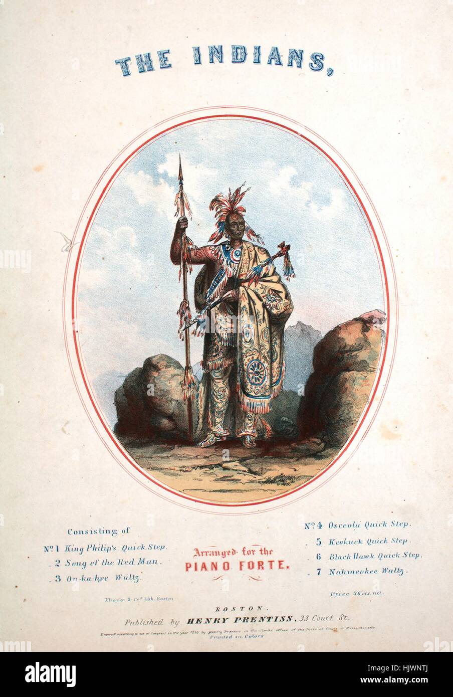 Sheet music cover image of the song 'The Indians  The Song of the Red Man', with original authorship notes reading 'Composed by AF Knight', United States, 1843. The publisher is listed as 'Henry Prentiss, 33 Court St.', the form of composition is 'strophic with refrain', the instrumentation is 'voice and piano', the first line reads 'Oh! Why should the white man hang on my path', and the illustration artist is listed as 'Thayer and co. Lith. Boston. Printed in Colors'. Stock Photo