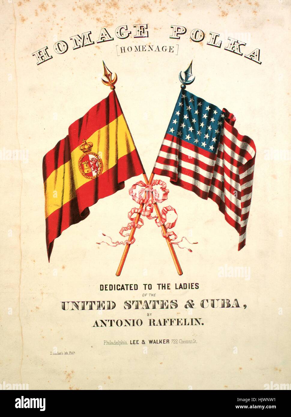 Sheet music cover image of the song 'Homag Polka [Homenage]', with original authorship notes reading 'by Antonio Raffelin', United States, 1858. The publisher is listed as 'Lee and Walker, 722 Chesnut St.', the form of composition is 'sectional', the instrumentation is 'piano', the first line reads 'None', and the illustration artist is listed as 'T. Sinclair's lith. Phila.'. Stock Photo