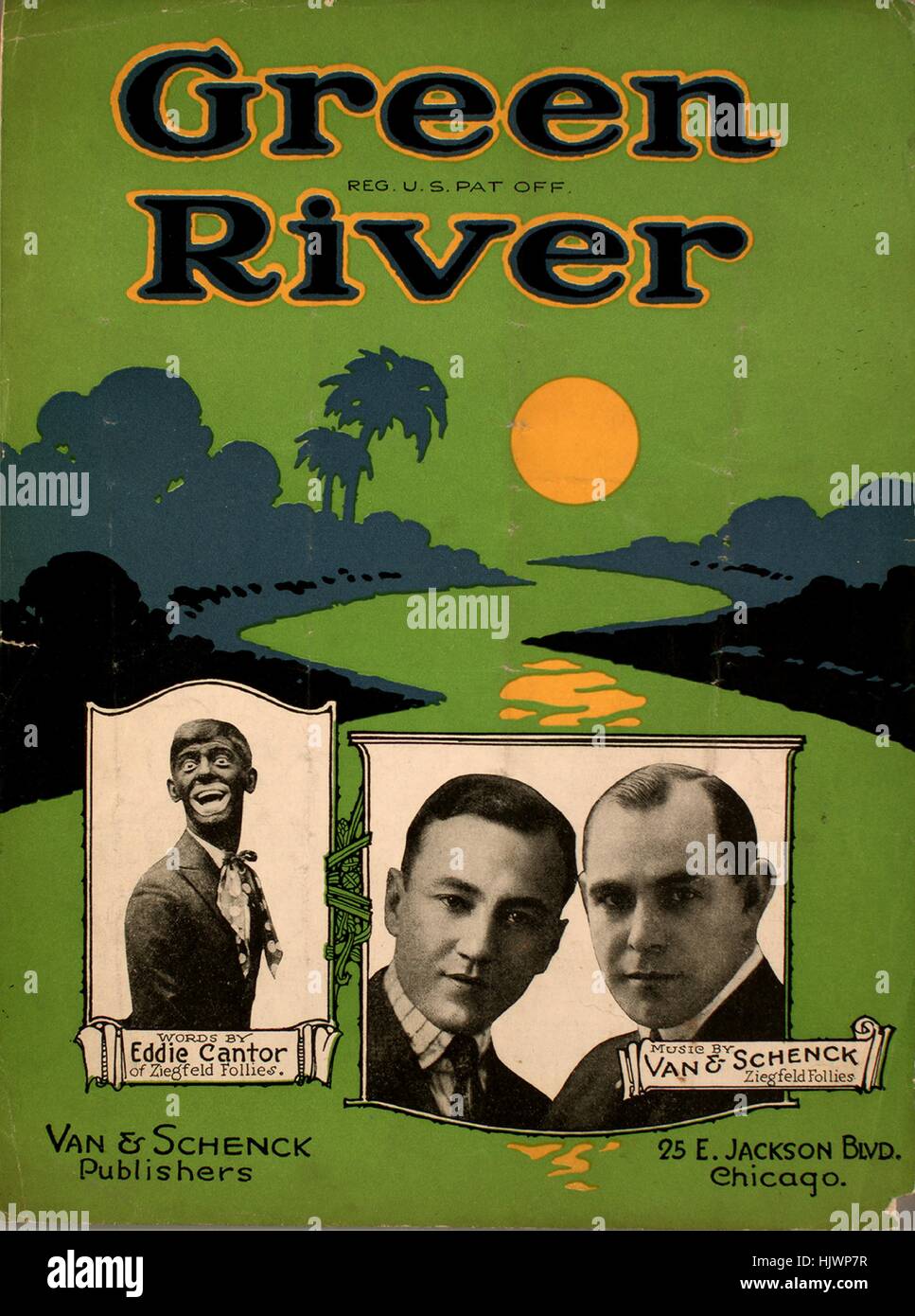 Sheet music cover image of the song 'Green River', with original authorship  notes reading 'Words by Eddie Cantor of Ziegfeld Follies Music by Van and  Schench, Ziegfeld Follies Arr by Jean Walz',