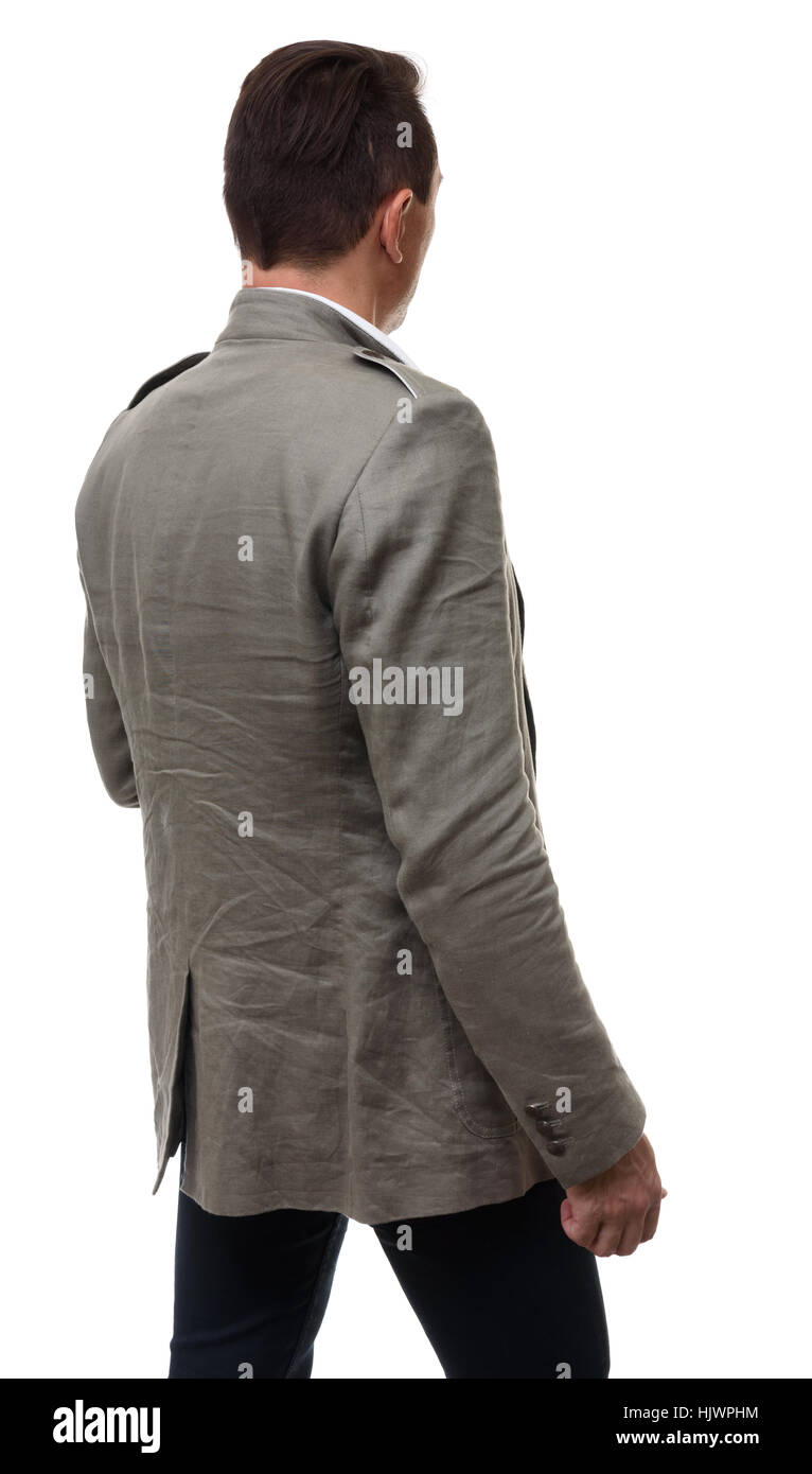 Back view portrait of casual man looks ahead isolated on white ...