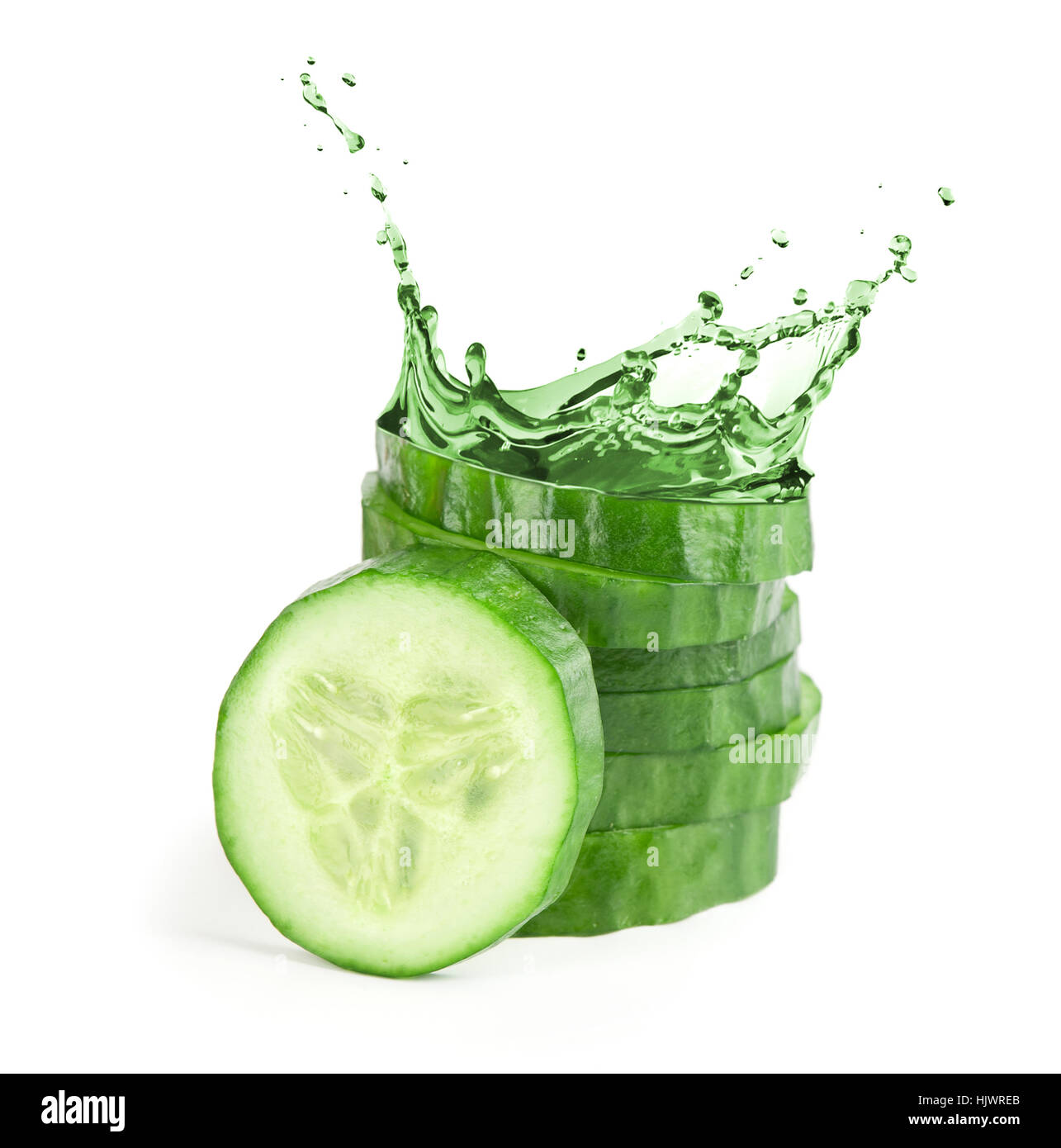 fresh cucumber slices with water splash. Isolated on white background