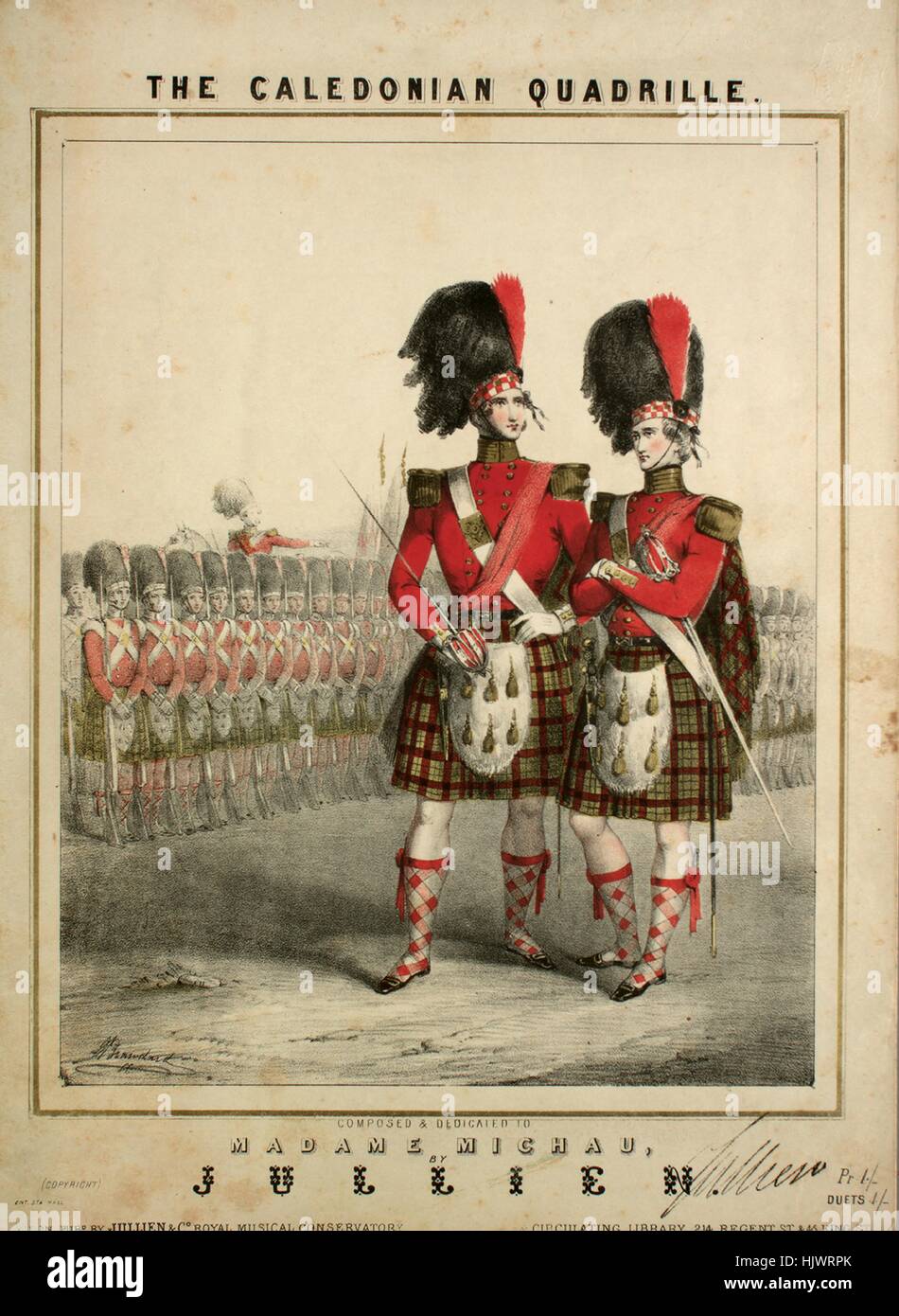 Sheet music cover image of the song 'The Caledonian Quadrille (1) We're a' Noddin'; (2) The Lass O'Gowrle; (3) Kenmure's On and Awa'; (4) Charlie is My Darling; (5) Duncan Gray;  (6) John Anderson My Joe; (7) Scots Wha Hae', with original authorship notes reading 'Composed by Jullien', 1900. The publisher is listed as 'Jullien and Co., Royal Musical Conservatory, Circulating Library, 214 Regent St., and 45 King St.', the form of composition is 'five movements in da capo form', the instrumentation is 'piano', the first line reads 'None', and the illustration artist is listed as 'signature of de Stock Photo