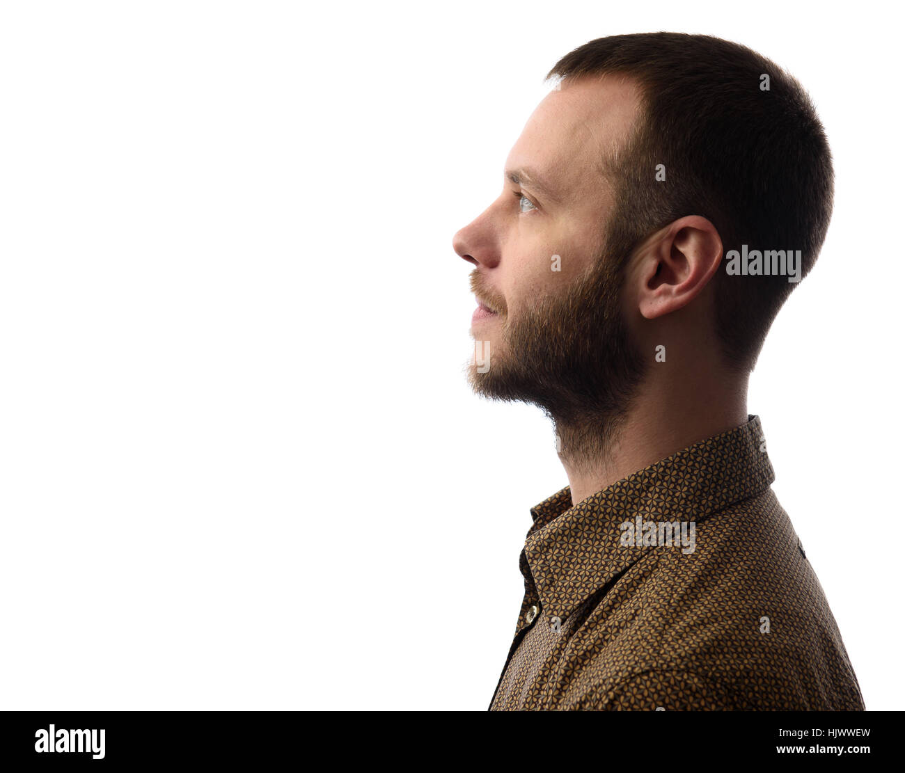 Side view of young bearded man isolated on gray background Stock Photo
