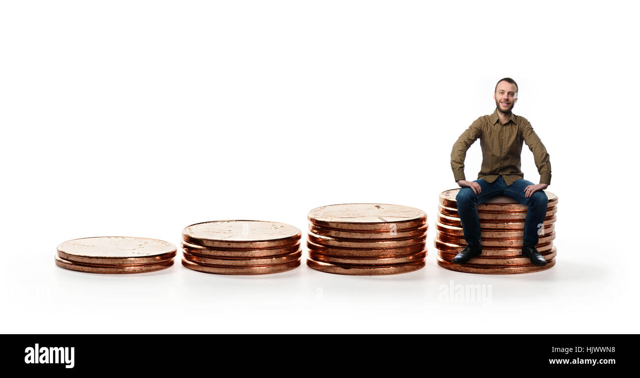 A miniature figurine man posing as a bank manager standing on some coins  with people sitting down Stock Photo - Alamy