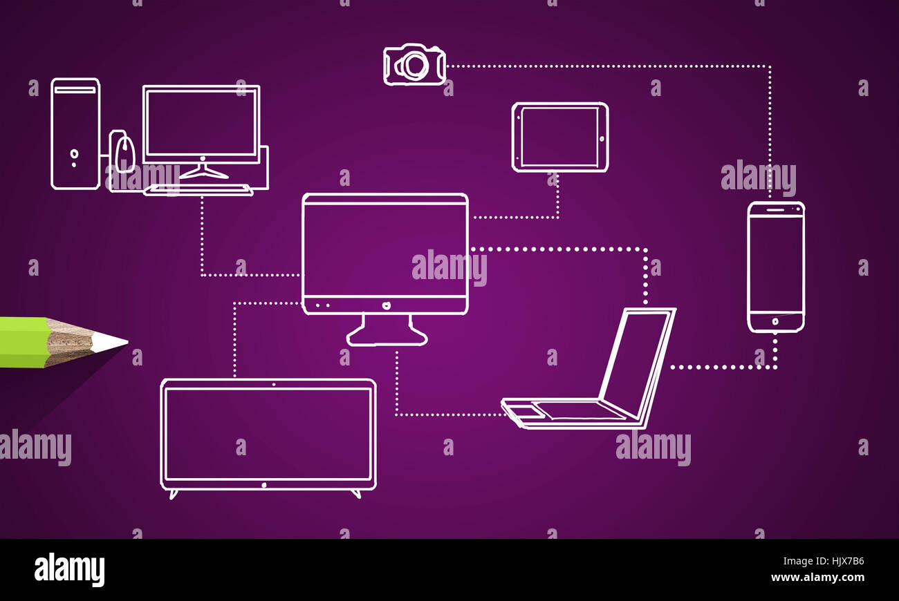 Device Link Drawing Pencil drawing connection lines between office devices Stock Photo - Alamy