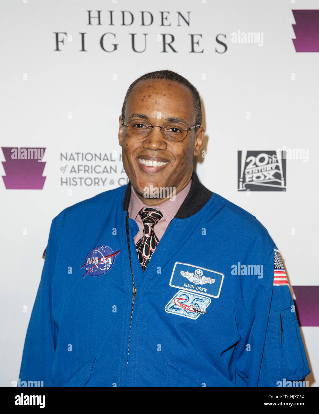 NASA astronaut Alvin Drew arrives on the red carpet for a screening of the film “Hidden Figures” at the Smithsonian’s National Museum of African American History and Culture, Wednesday, Dec. 14, 2016 in Washington DC. The film is based on the book of the same title, by Margot Lee Shetterly, and chronicles the lives of Katherine Johnson, Dorothy Vaughan and Mary Jackson -- African-American women working at NASA as “human computers,” who were critical to the success of John Glenn’s Friendship 7 mission in 1962. Stock Photo