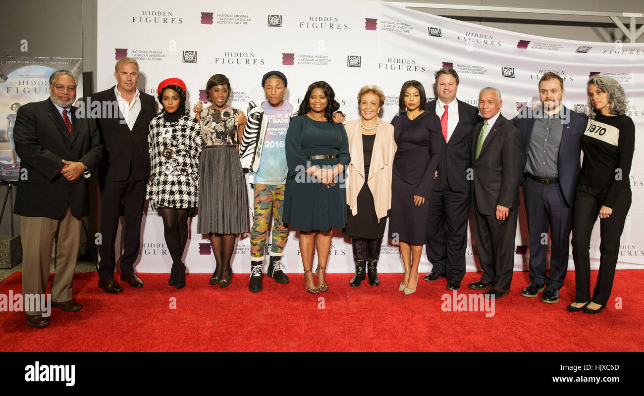 From left: Founding Director of the Smithsonian's National Museum of African American History and Culture Lonnie G. Bunch III, American actor, film director, and producer Kevin Costner, American musical recording artist, actress, and model Janelle Monáe, &quot;Hidden Figures&quot; author Margot Lee Shetterly, American singer-songwriter Pharrell Williams, American actress Octavia Spencer, Katherine Johnson's daughter Joylette Goble, American actress and singer Taraji P. Henson, 21st Century Fox Senior Vice President of Governmental Affairs Rick Lane, NASA Administrator Charles Bolden, director  Stock Photo