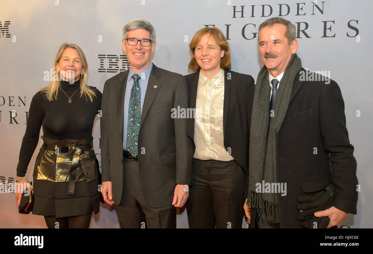 NASA Deputy Administrator Dava Newman, left, NASA Chief Historian Bill Barry, United States Chief Technology Officer (CTO) Megan Smith, and Canadian astronaut Chris Hadfield arrive on the red carpet for the global celebration of the film &quot;Hidden Figures&quot; at the SVA Theatre, Saturday, Dec. 10, 2016 in New York. The film is based on the book of the same title, by Margot Lee Shetterly, and chronicles the lives of Katherine Johnson, Dorothy Vaughan and Mary Jackson -- African-American women working at NASA as “human computers,” who were critical to the success of John Glenn’s Friendship  Stock Photo