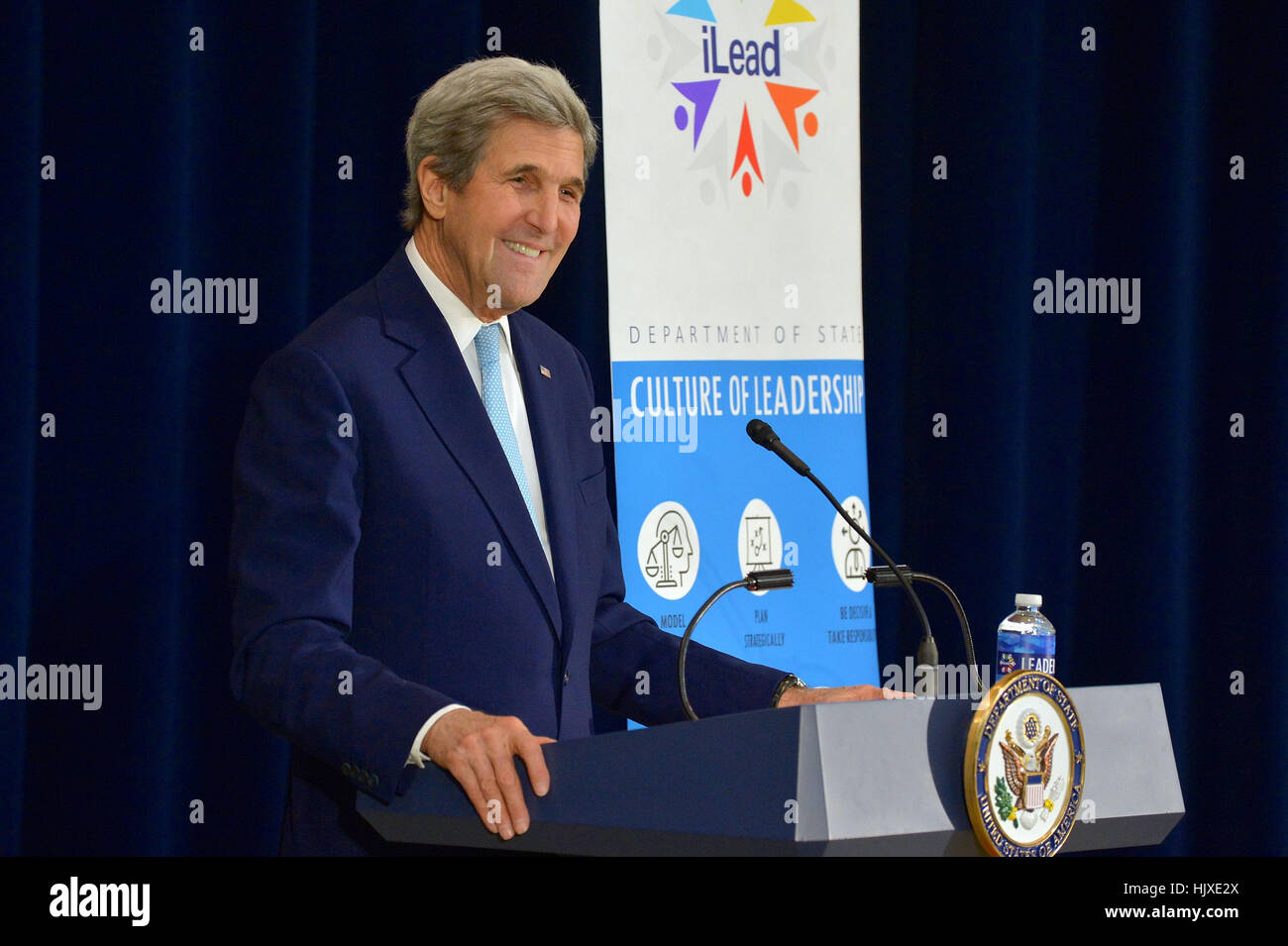 U.S. Secretary of State John Kerry delivers remarks at the U.S. Department of State's inaugural Leadership Day, at the Department in Washington, D.C., on December 13, 2016. Stock Photo