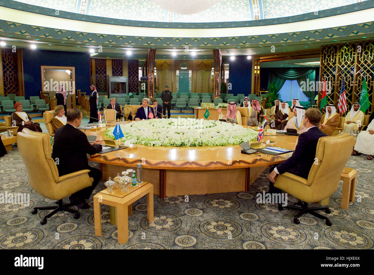 U.S. Secretary of State John Kerry sits with Saudi Arabia Foreign Minister Adel al-Jubeir after they and counterparts from the United Kingdom, United Arab Emirates, Oman, and the United Nations met on December 18, 2016, at the Conference Palace Hotel in Riyadh, Saudi Arabia, to discuss the future of Yemen. Stock Photo