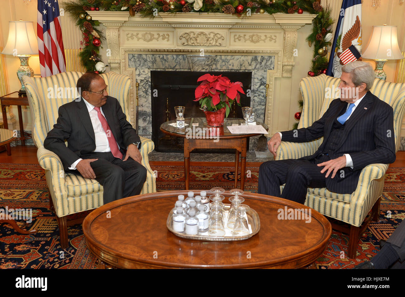 U.S. Secretary of State John Kerry meets with Indian National Security Advisor Ajit Doval, at the U.S. Department of State in Washington, D.C., on December 20, 2016. Stock Photo